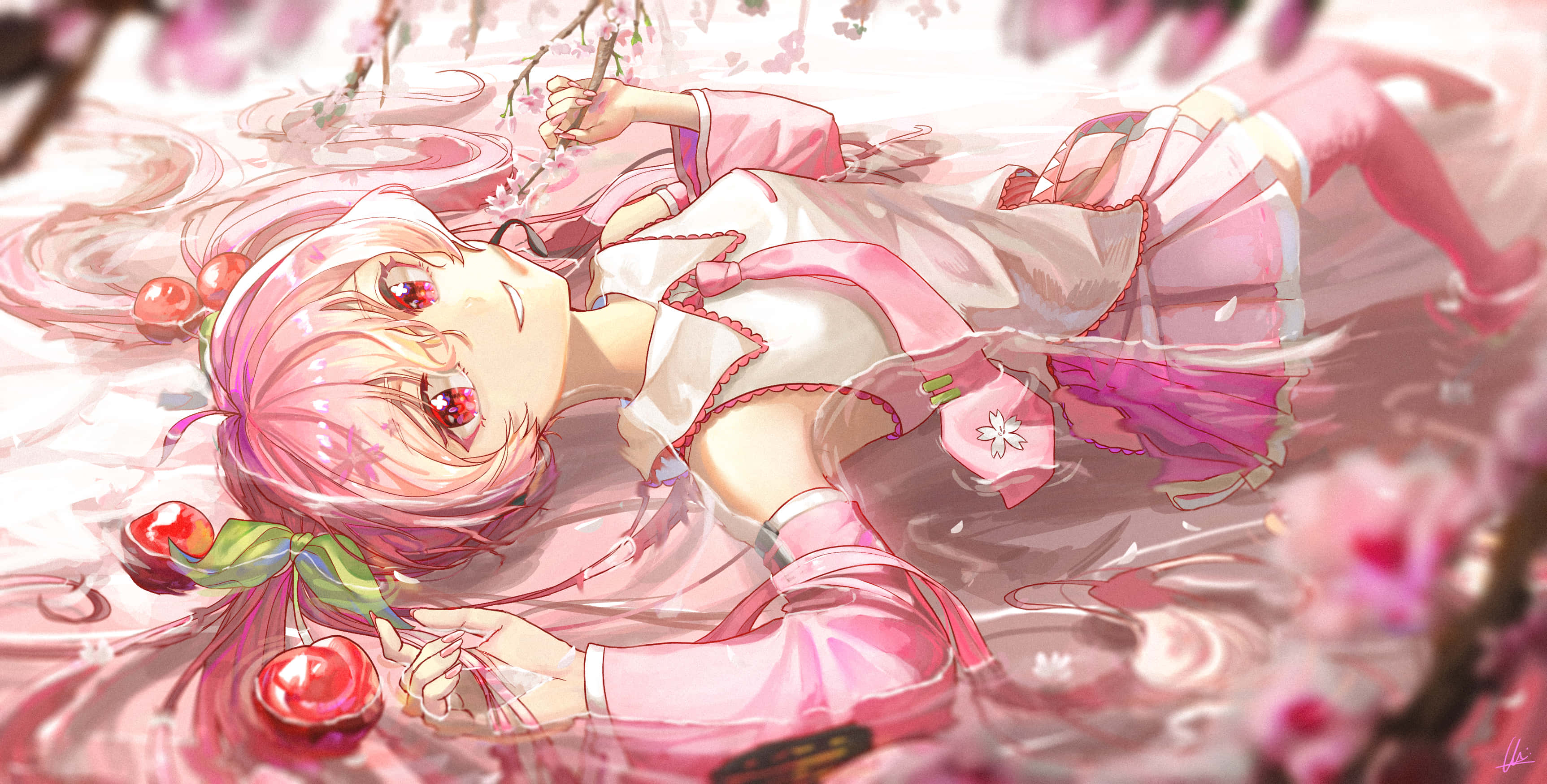 Sakura Miku, pink-haired anime girl, pink dress, 2K Desktop Wallpaper