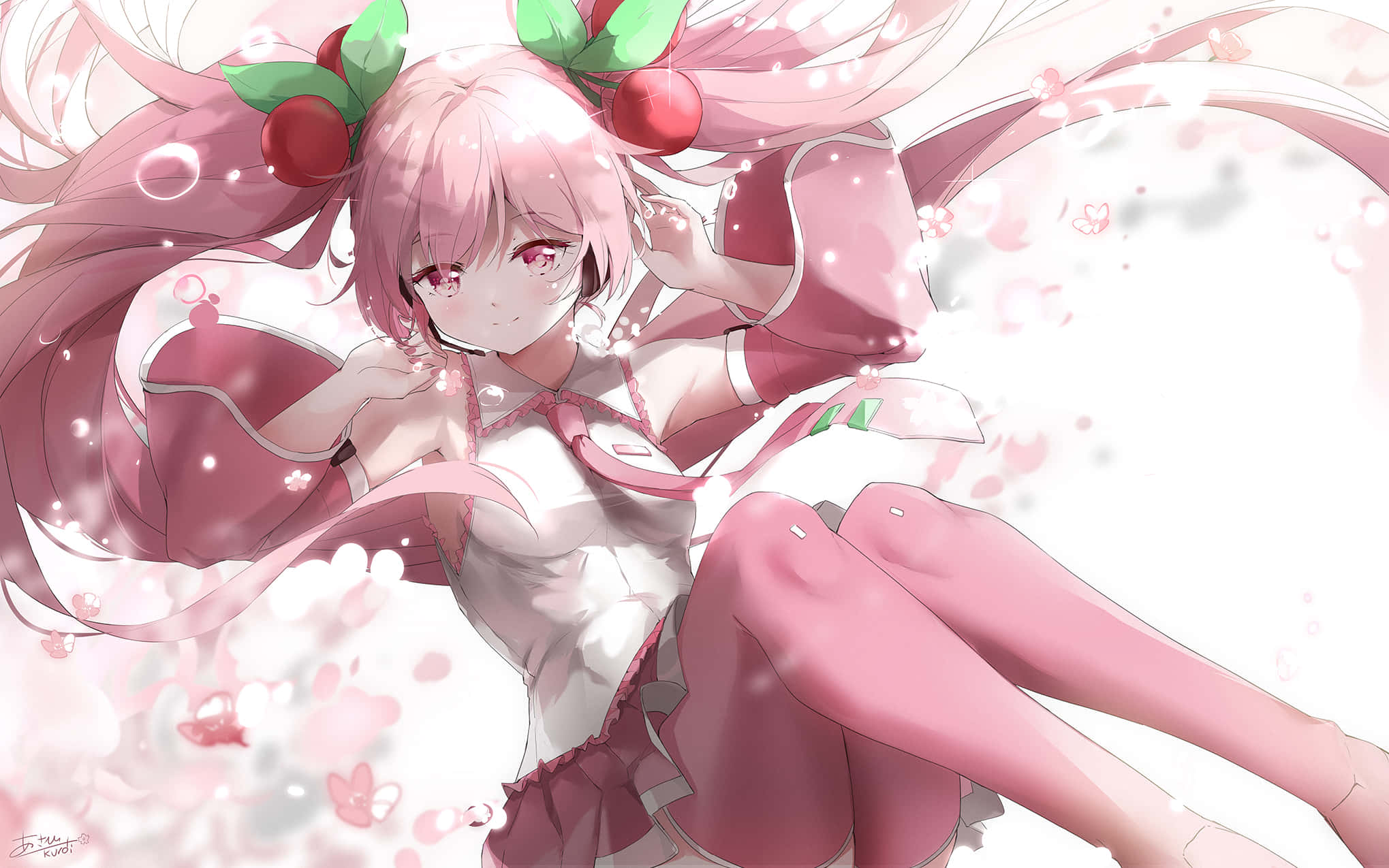 Sakura Miku, pink-haired anime girl, cherry blossom accessories, Full HD Desktop Wallpaper
