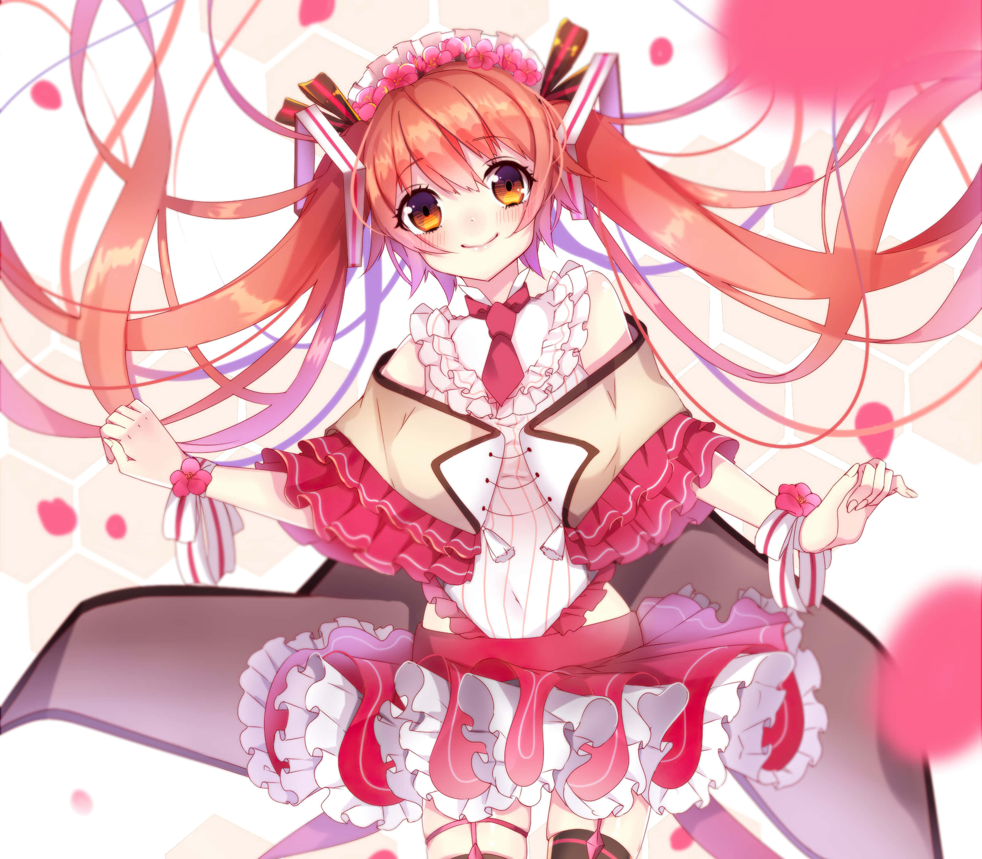 Sakura Miku, pink hair, ruffled pink and white outfit, 2K Desktop Wallpaper
