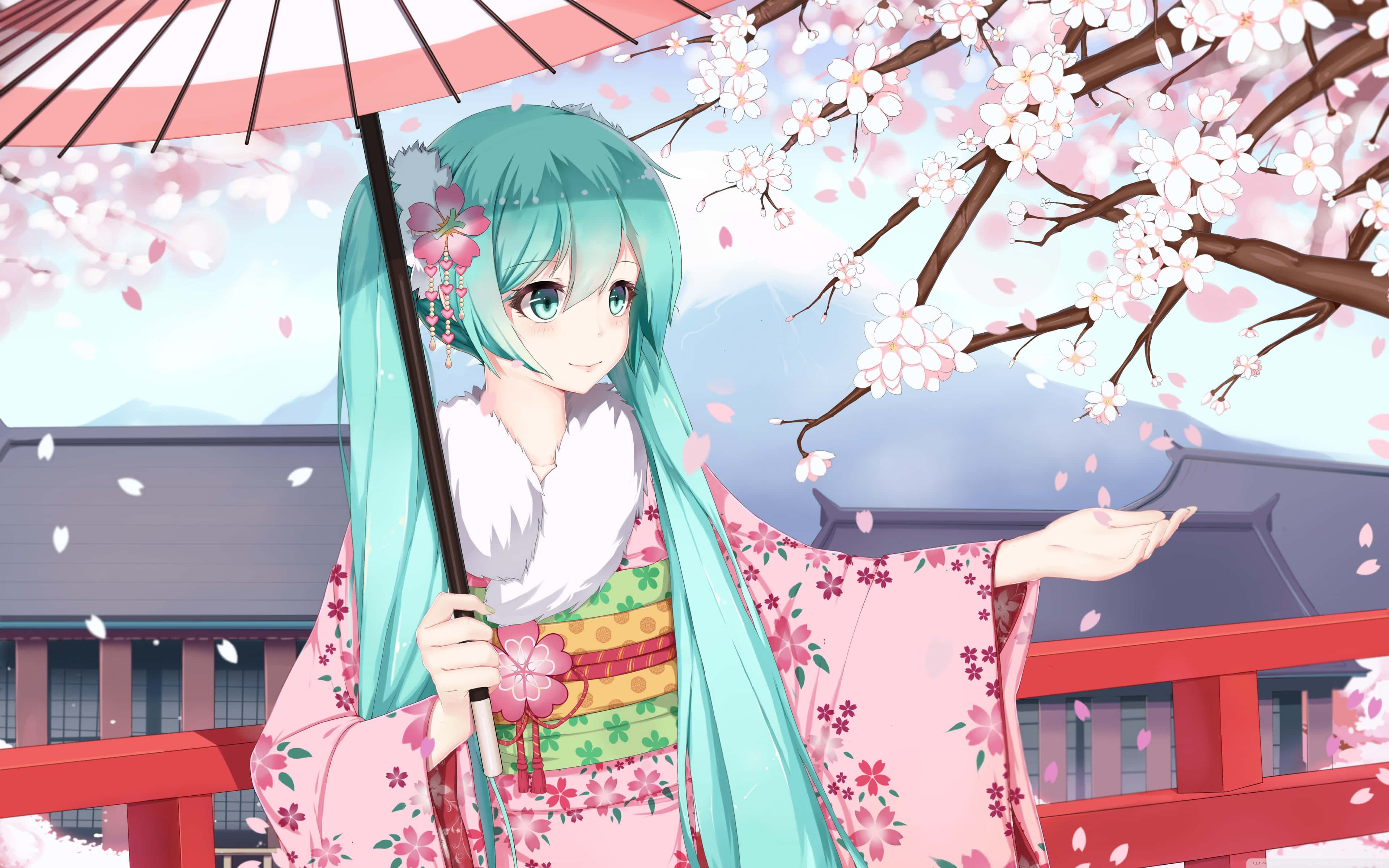Sakura Miku, turquoise-haired anime girl, pink floral kimono, 4K Desktop Wallpaper