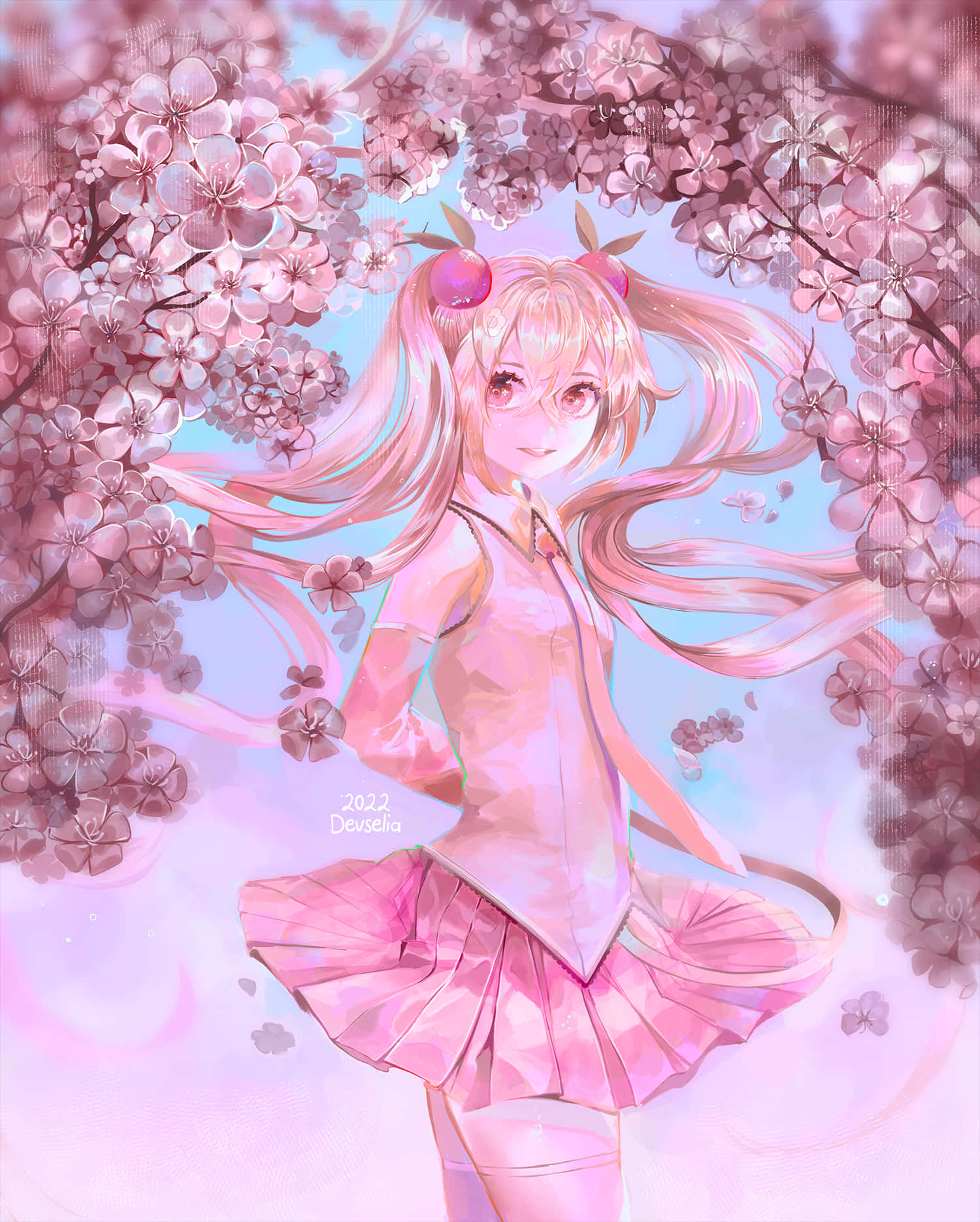 Sakura Miku, pink hair, cherry blossom accessories, HD Phone Wallpaper