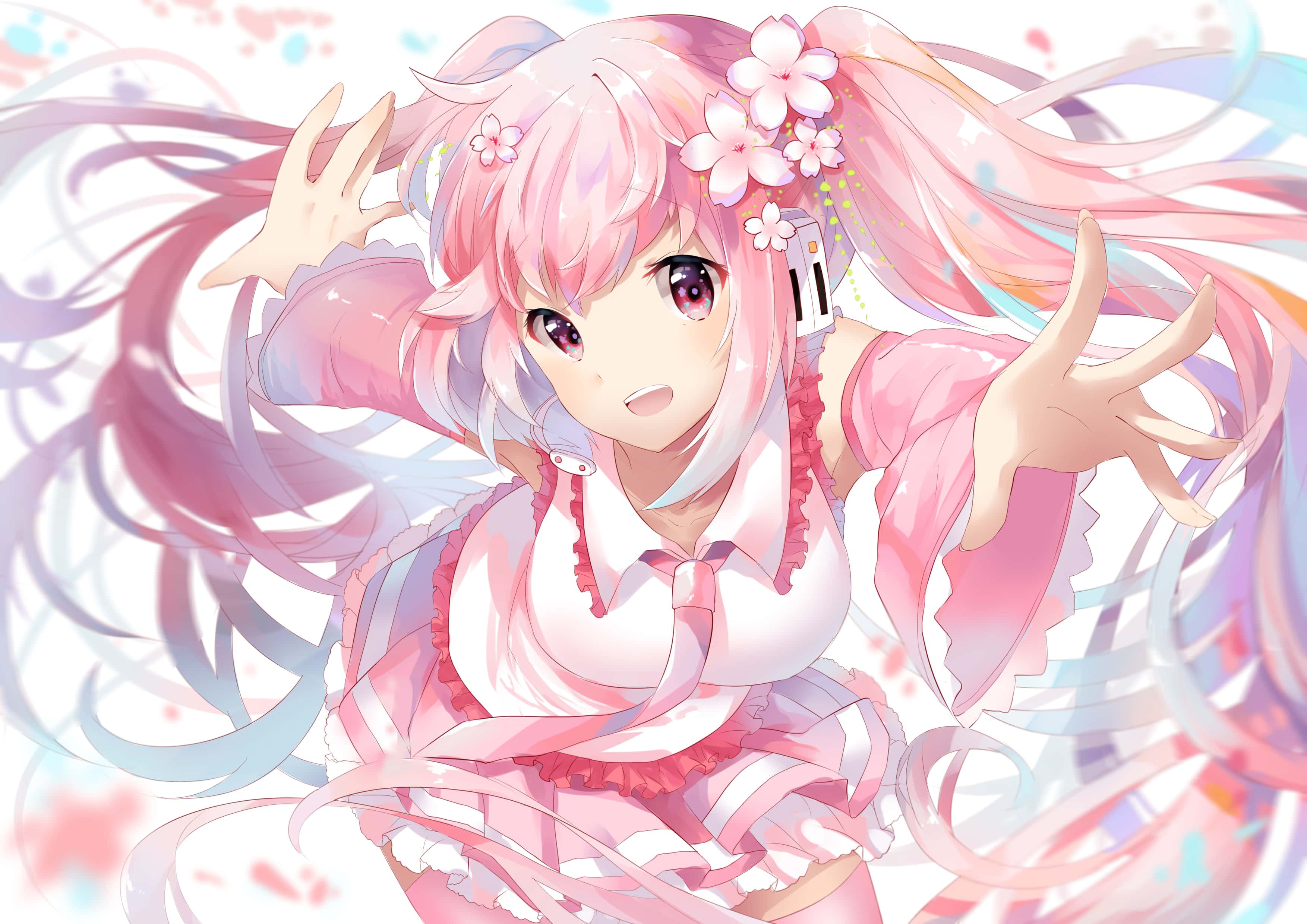 Sakura Miku, pink hair, cherry blossoms, 2K Desktop Wallpaper
