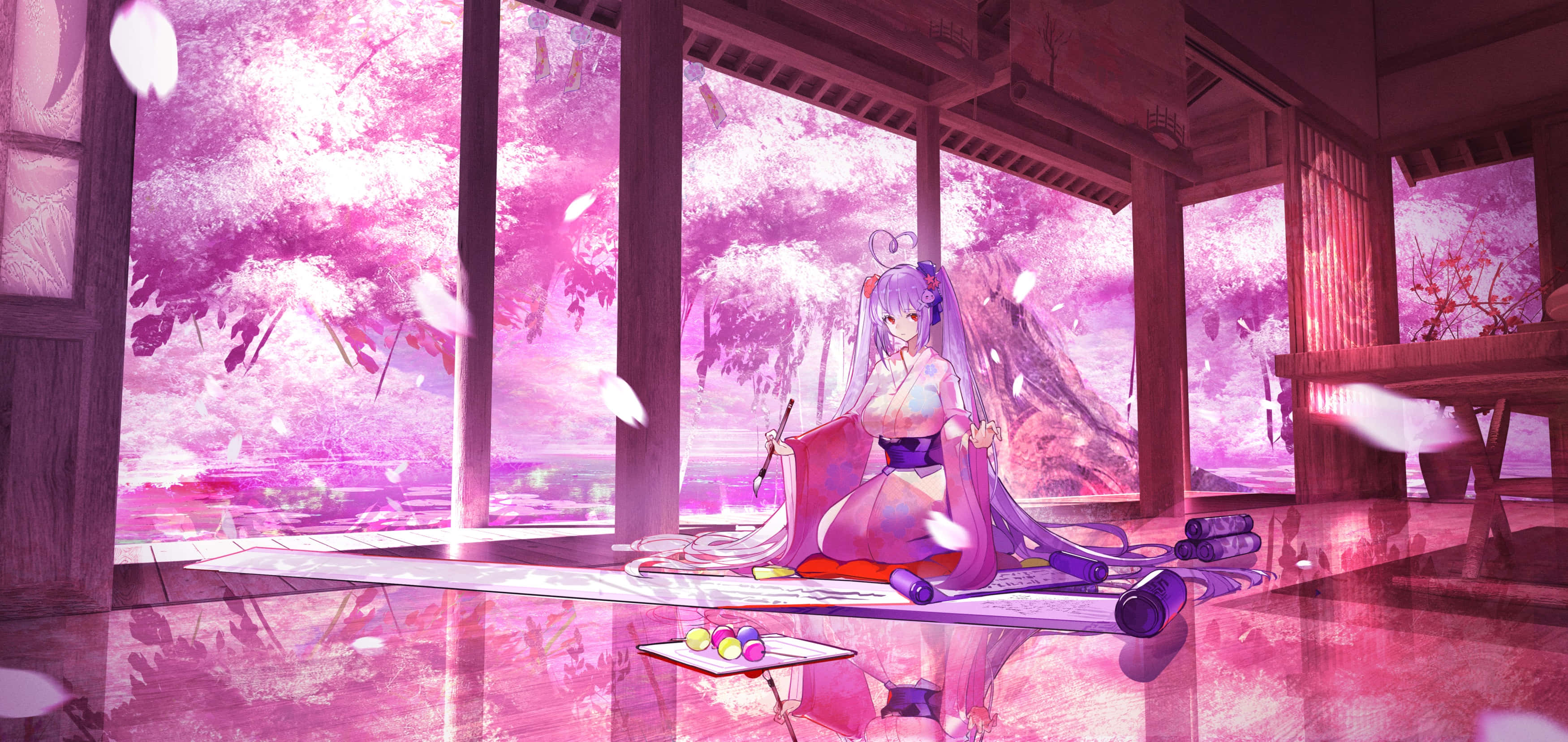 Sakura Miku, purple-haired anime girl, traditional attire, 2K Desktop Wallpaper