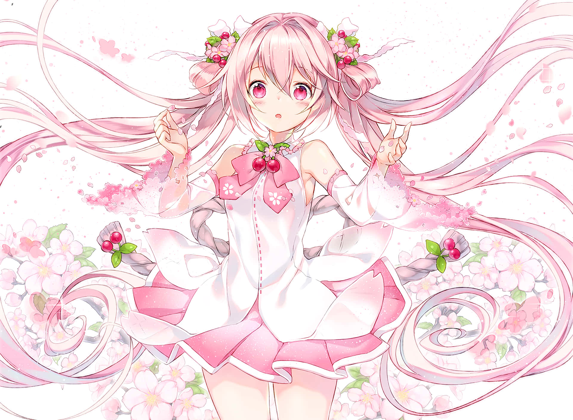 Sakura Miku, pink hair, cherry blossom accessories, Full HD Desktop Wallpaper