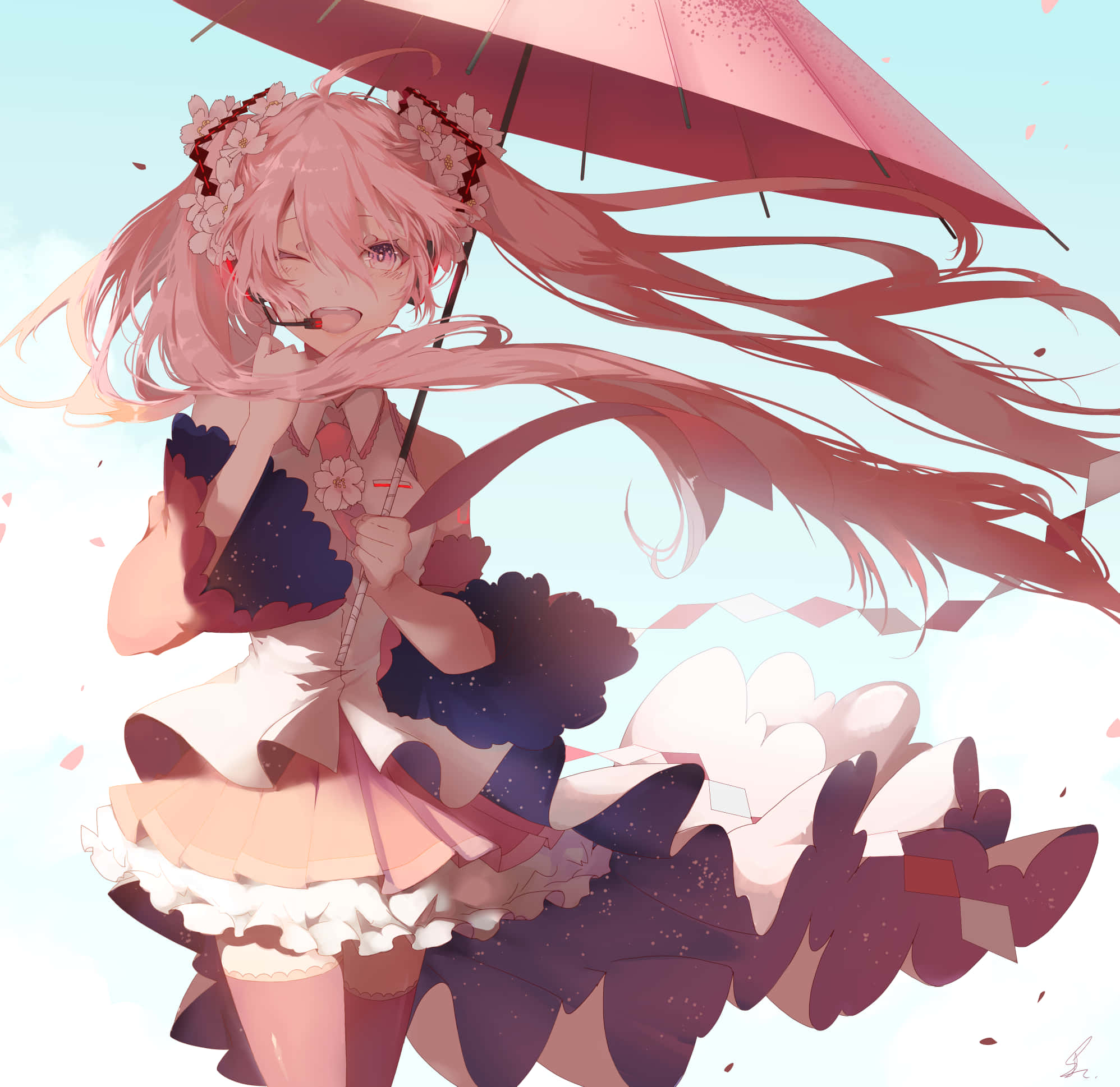 Sakura Miku, pink hair, floral headband, Full HD Desktop Wallpaper