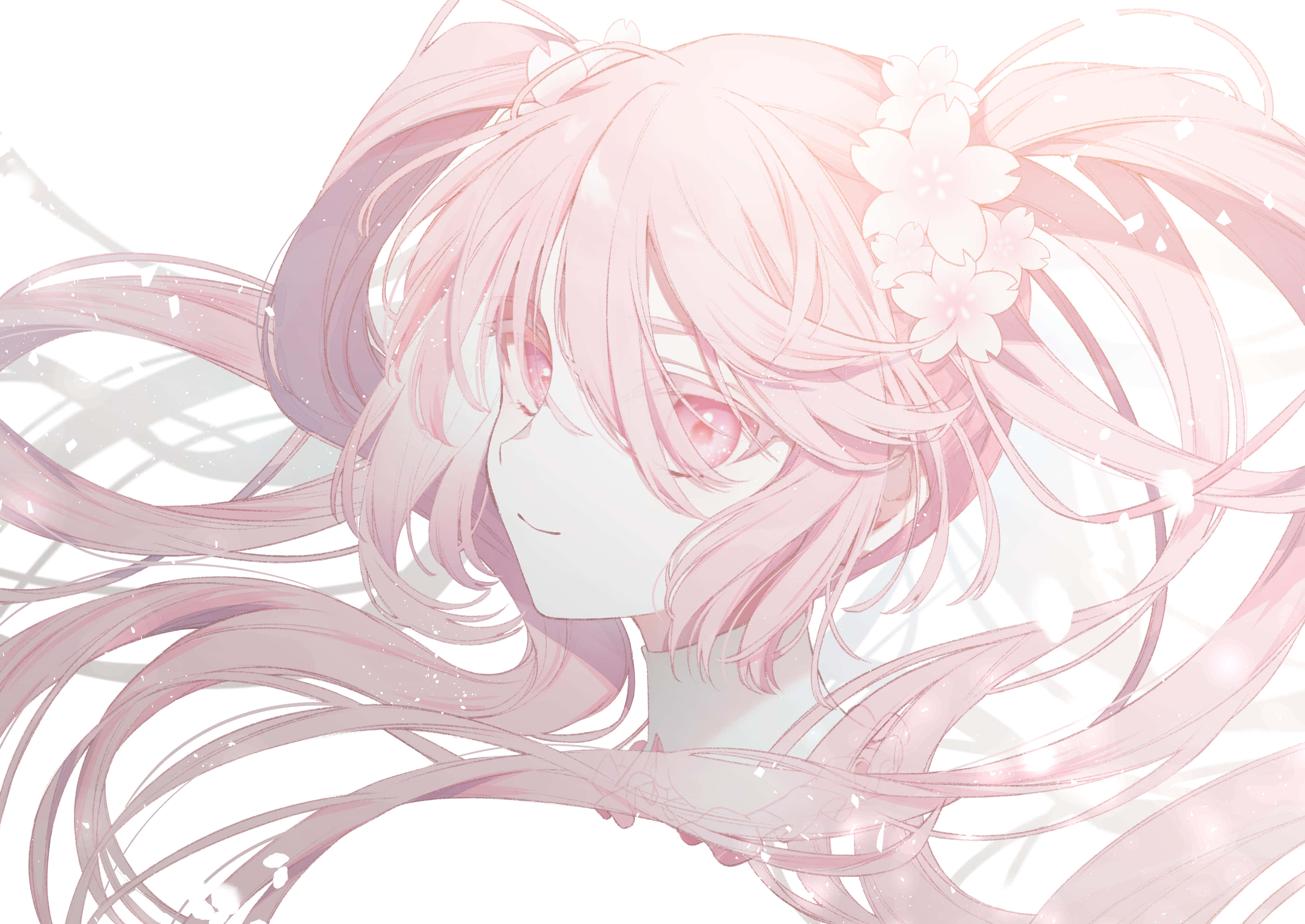 Sakura Miku, cherry blossoms, soft pink-haired anime girl, 2K Desktop Wallpaper