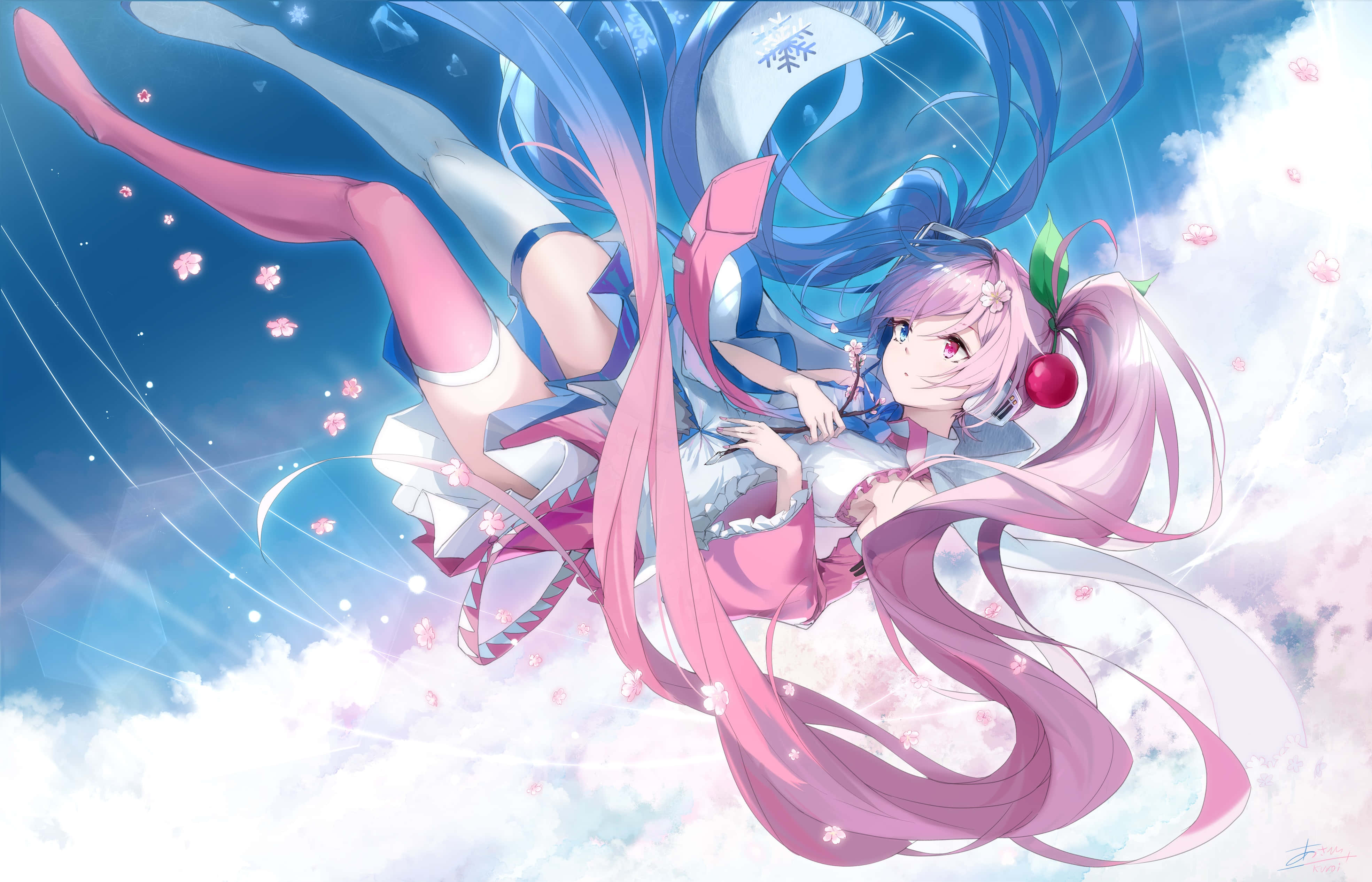Sakura Miku, pink and blue hair, vibrant kimono, 4K Desktop Wallpaper