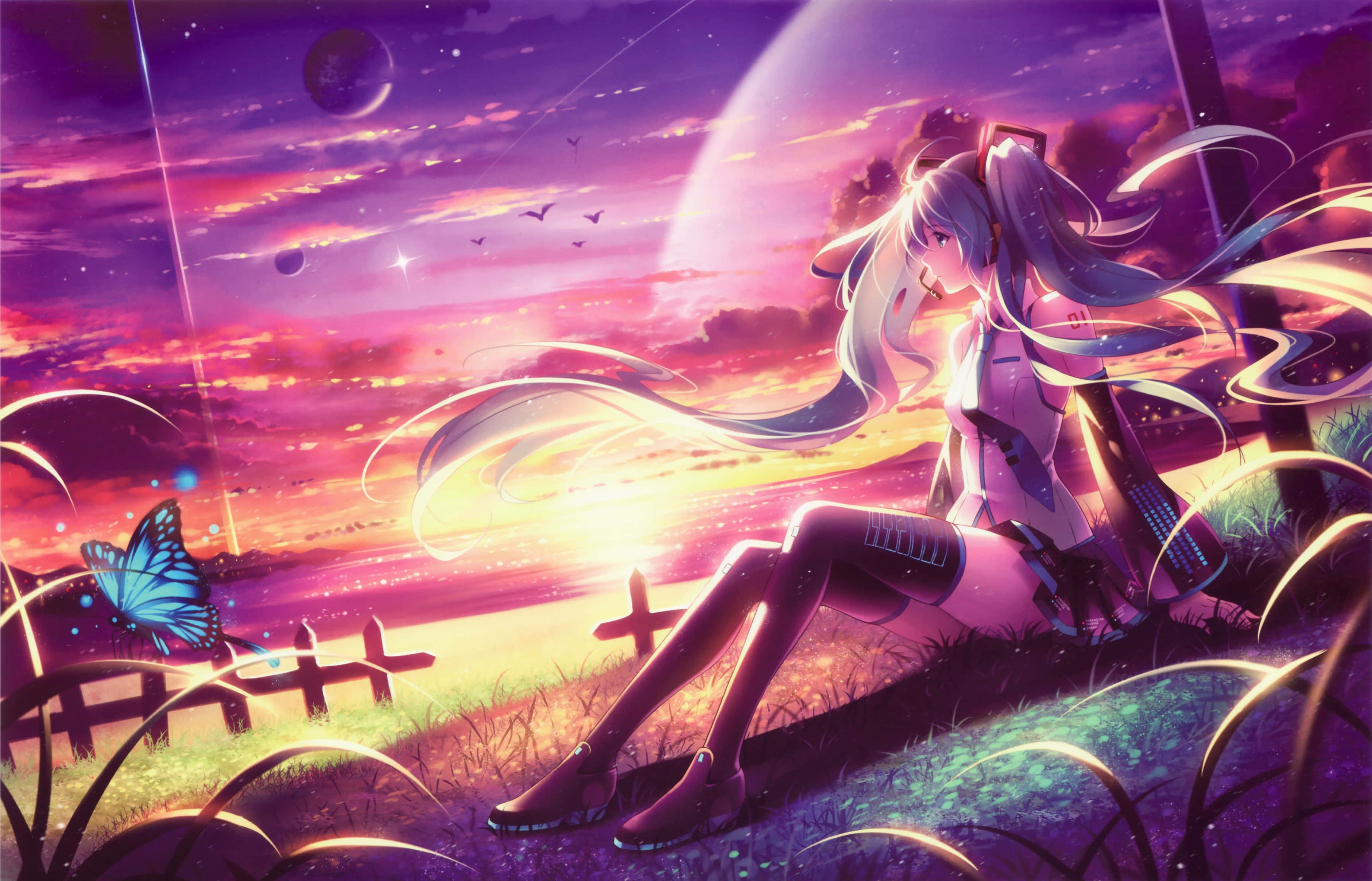 Sakura Miku, vibrant purple sunset sky, floating planets, 2K Desktop Wallpaper