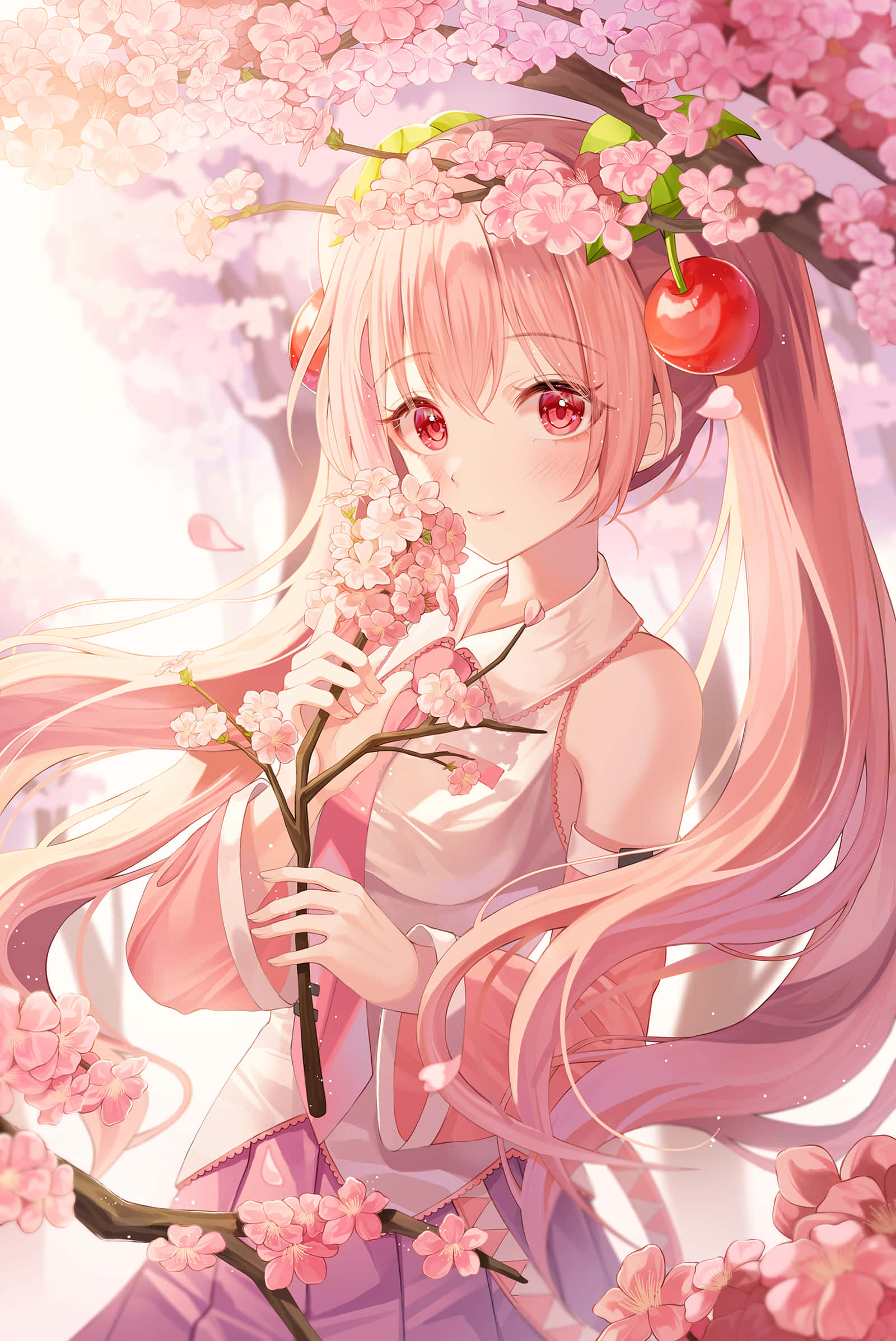 Sakura Miku, pink hair, cherry blossom crown, Full HD Phone Wallpaper