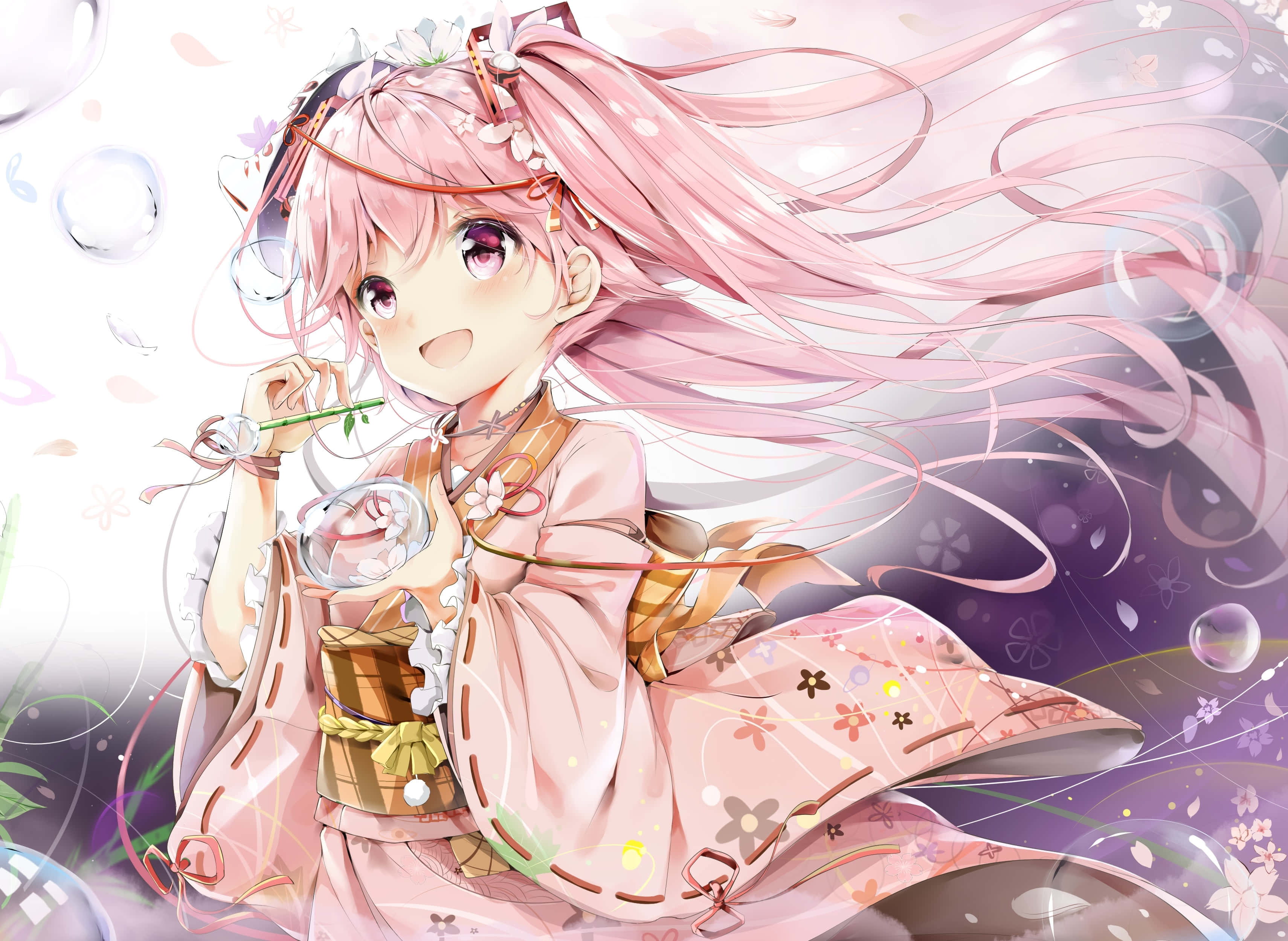 Sakura Miku, kimono, pink hair, 2K Desktop Wallpaper