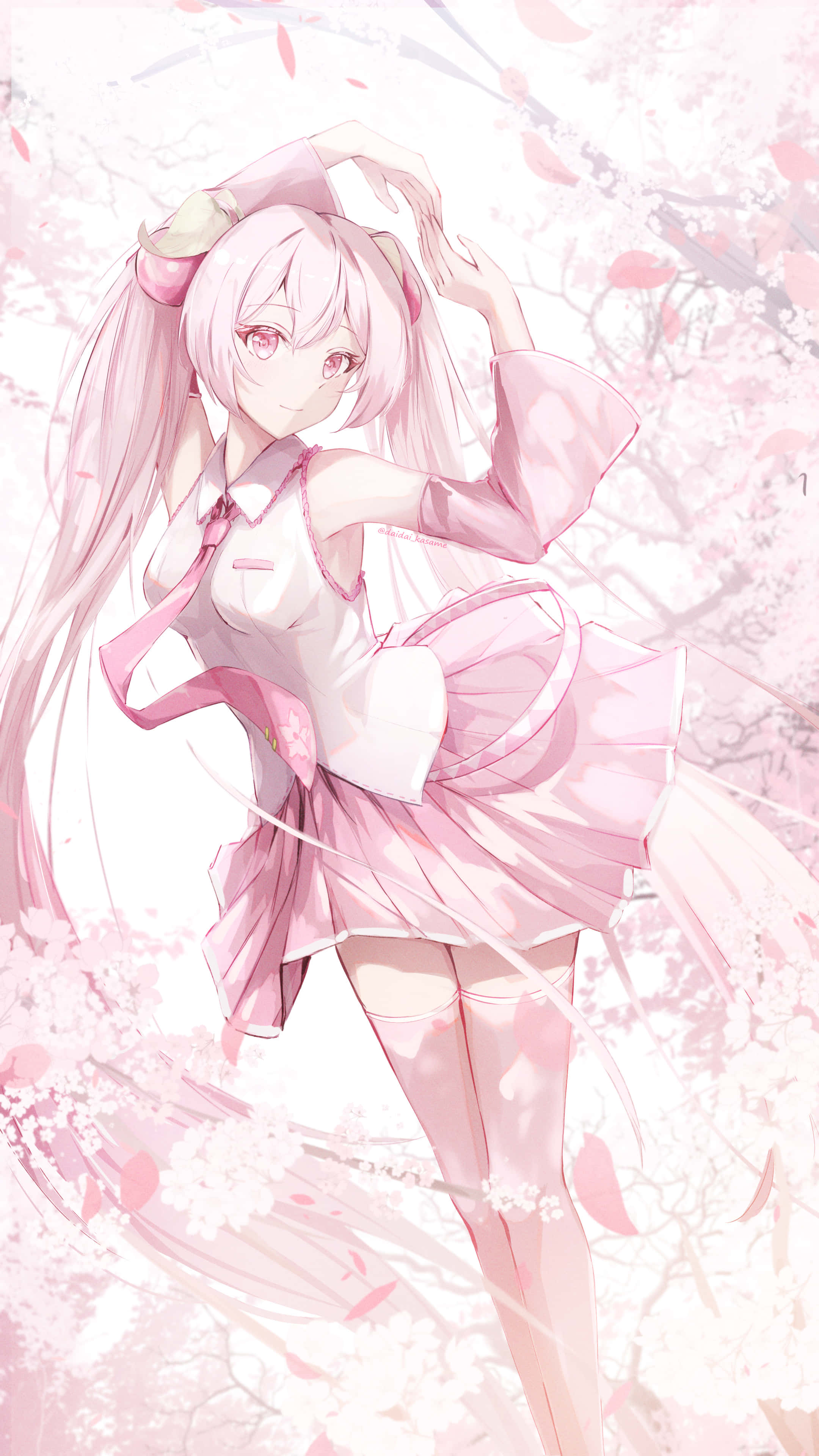Sakura Miku, pink-haired anime girl, pink outfit, 4K Phone Wallpaper