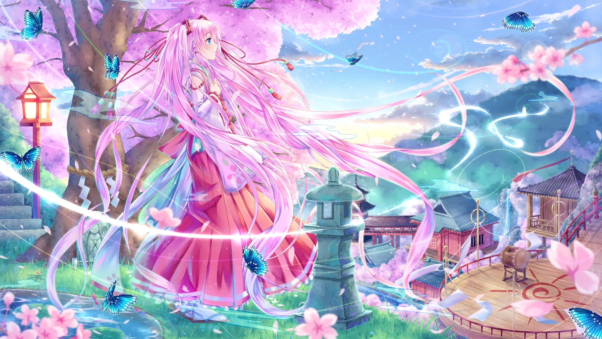 Sakura Miku, pink-haired anime girl, cherry blossoms, Full HD Desktop Wallpaper