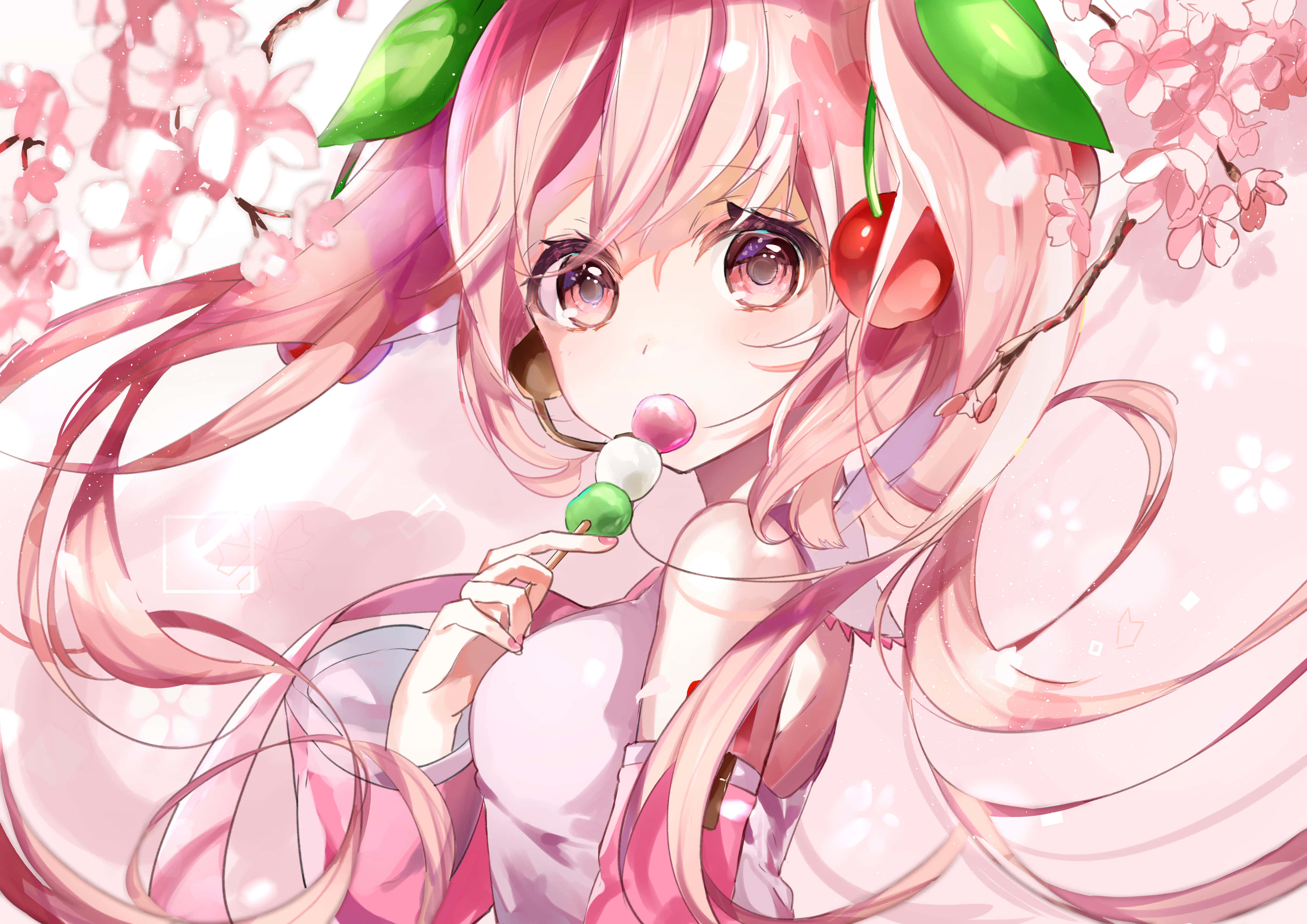 Sakura Miku, cherry blossom petals, cherry in her hair, 4K Desktop Wallpaper