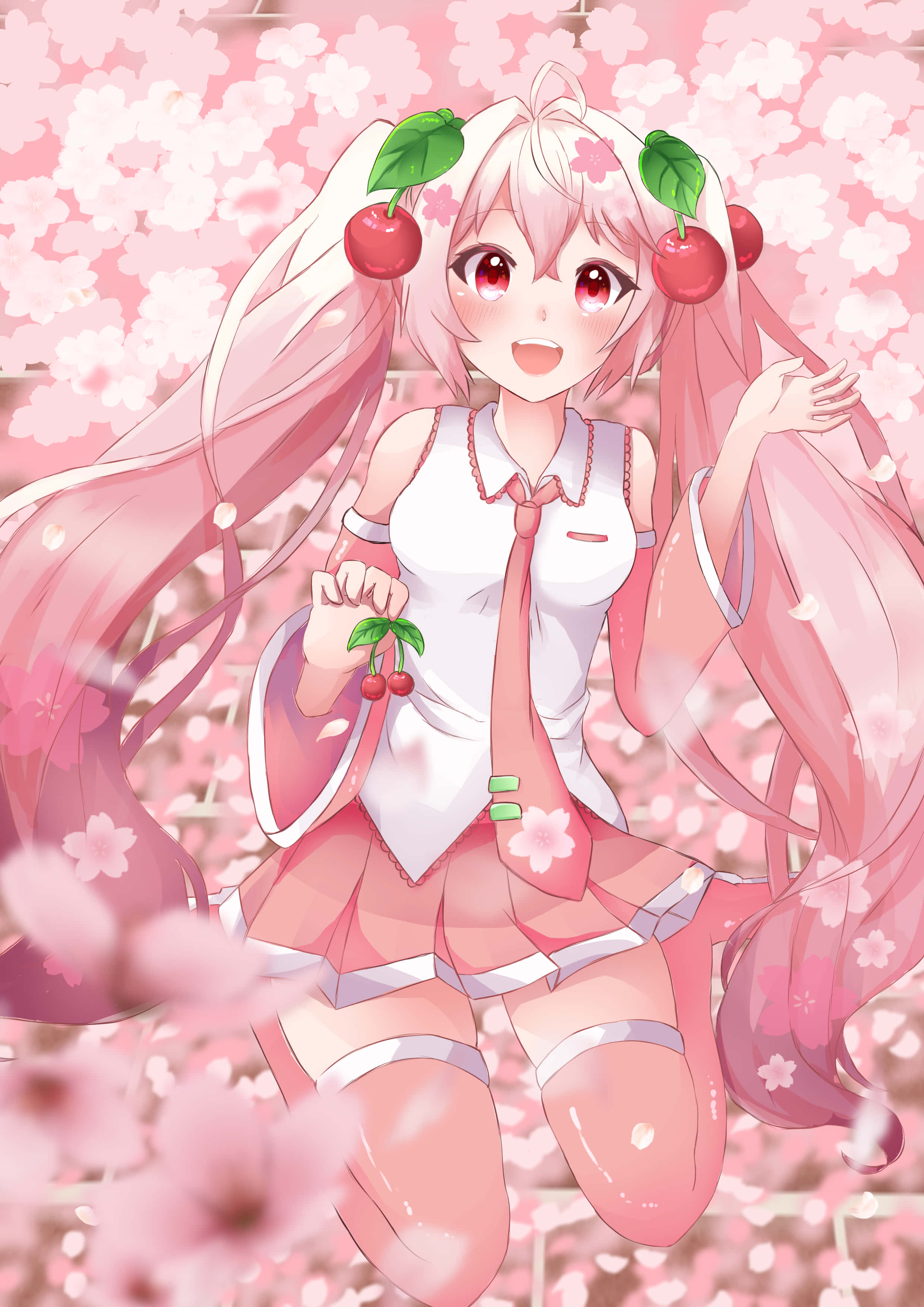 Sakura Miku, pink hair, cherry-themed accessories, 2K Phone Wallpaper