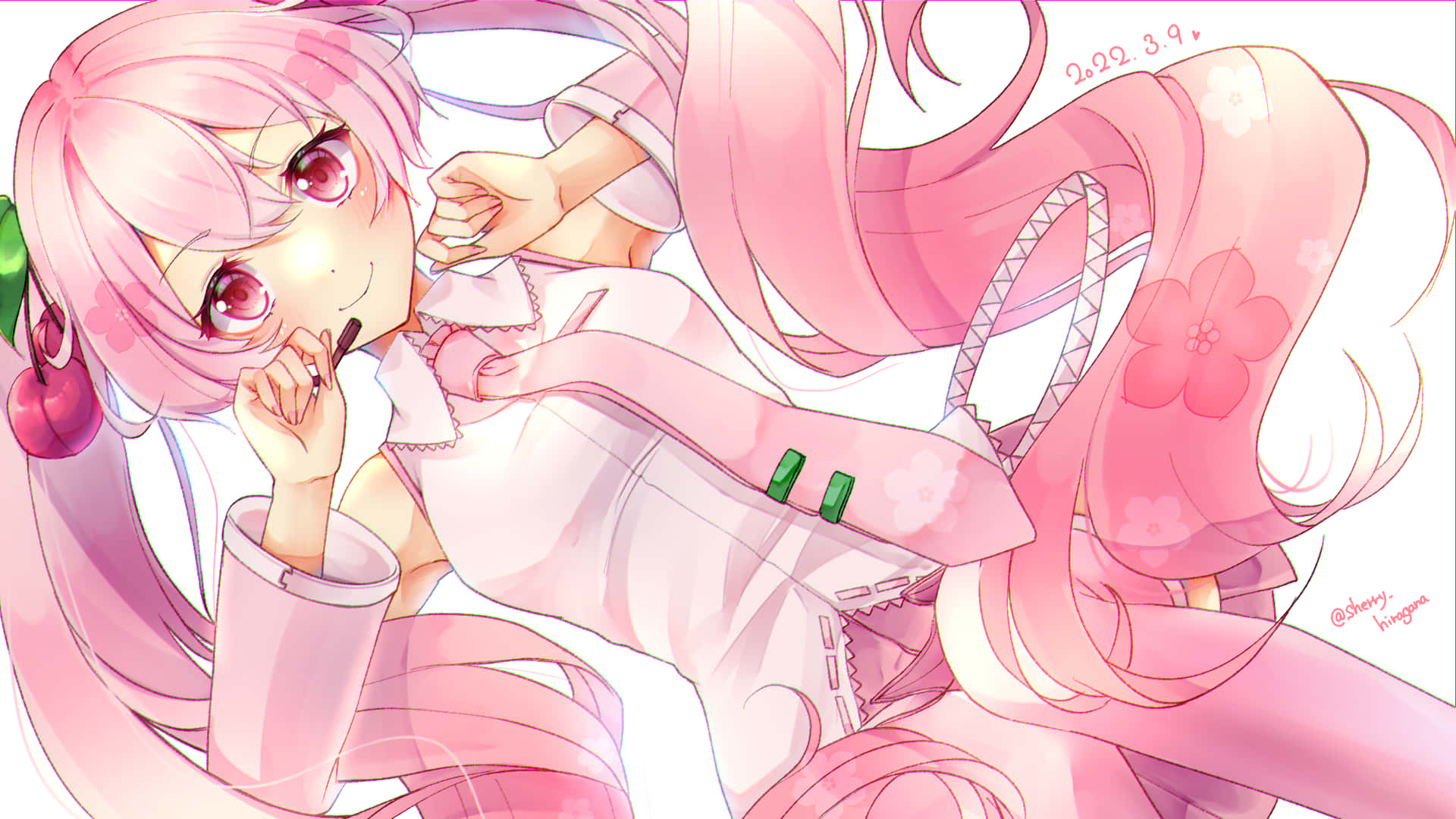 Sakura Miku, cherry-themed accessories, long pink hair, Full HD Desktop Wallpaper