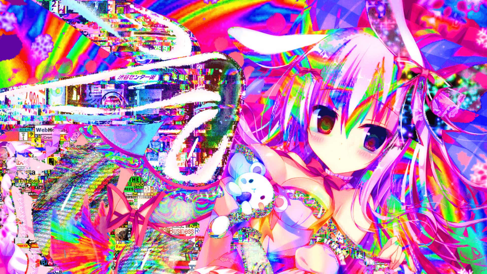 Sakura Miku, rainbow hair, plush toy, Full HD Desktop Wallpaper