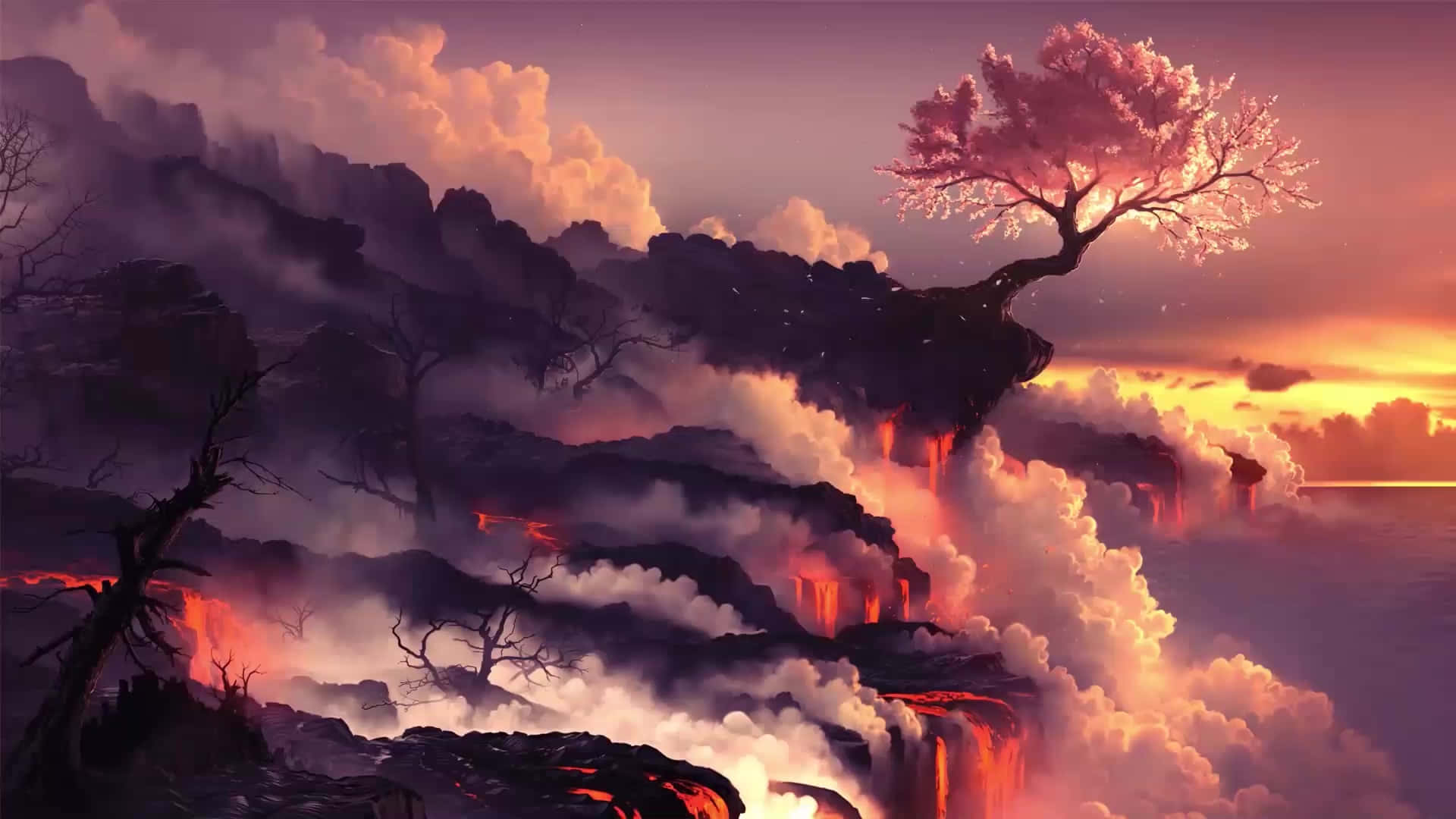 cherry blossom tree, floating volcanic island, molten lava, Full HD Desktop Wallpaper