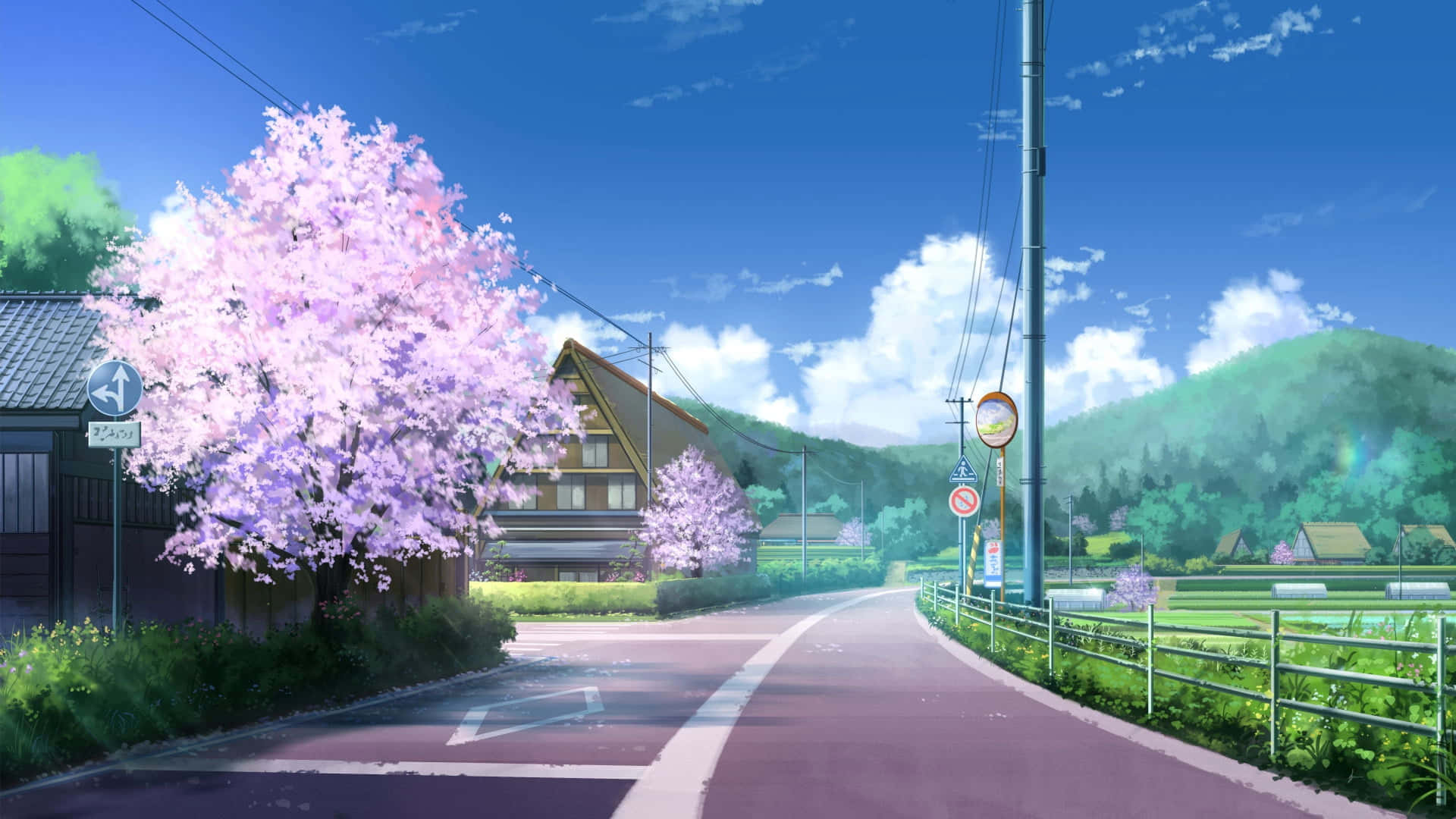 Sakura Pc, cherry blossoms, anime-style road, Full HD Desktop Wallpaper