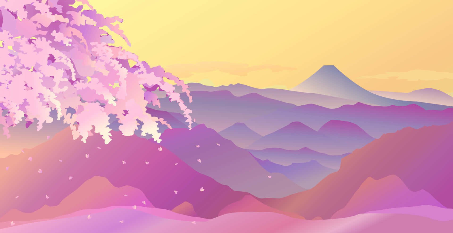 Sakura Pc, pink cherry blossoms, layered purple mountains, Full HD Desktop Wallpaper
