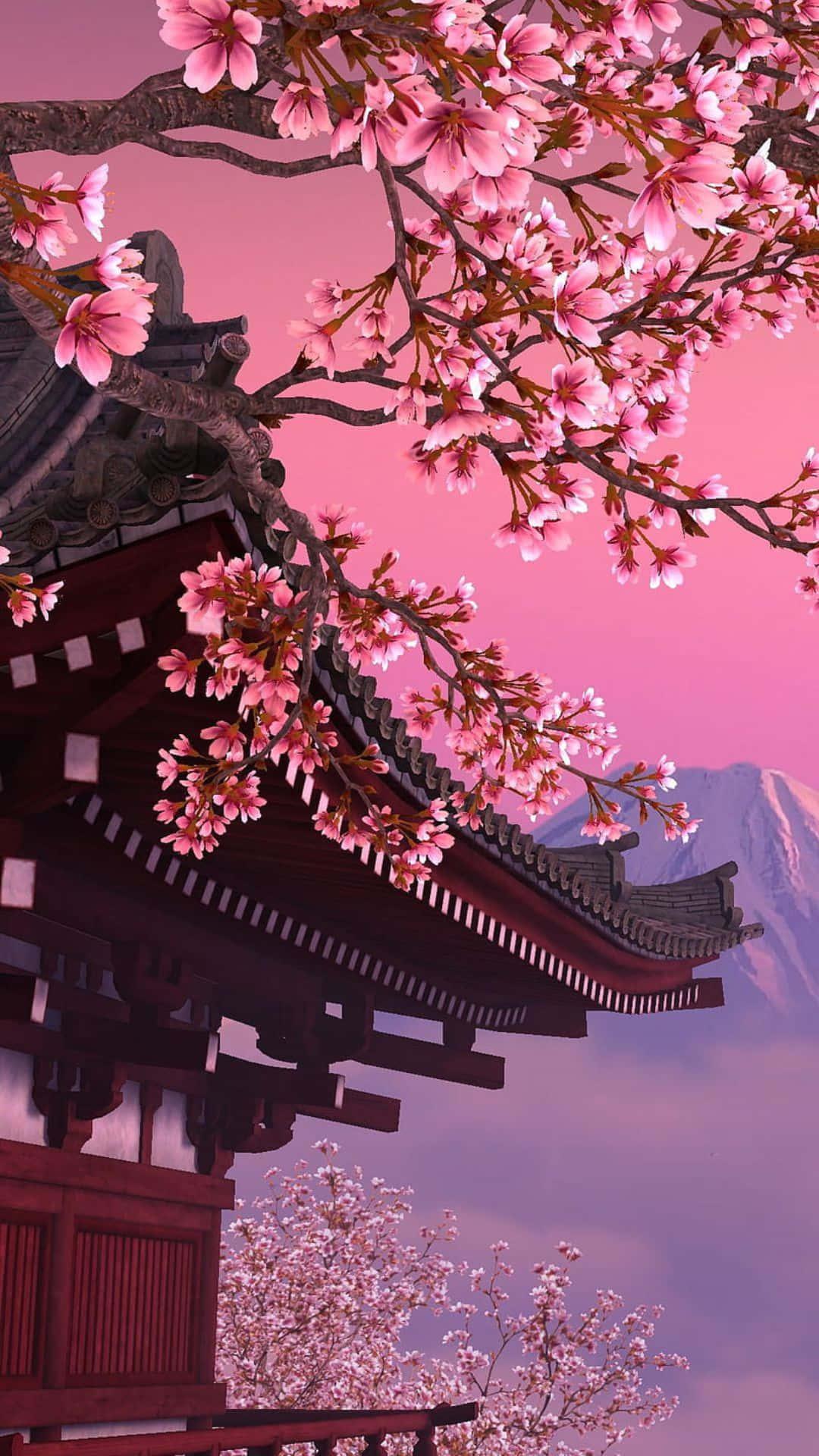 Sakura Pc, pink cherry blossoms, traditional Japanese temple roof, Full HD Phone Wallpaper