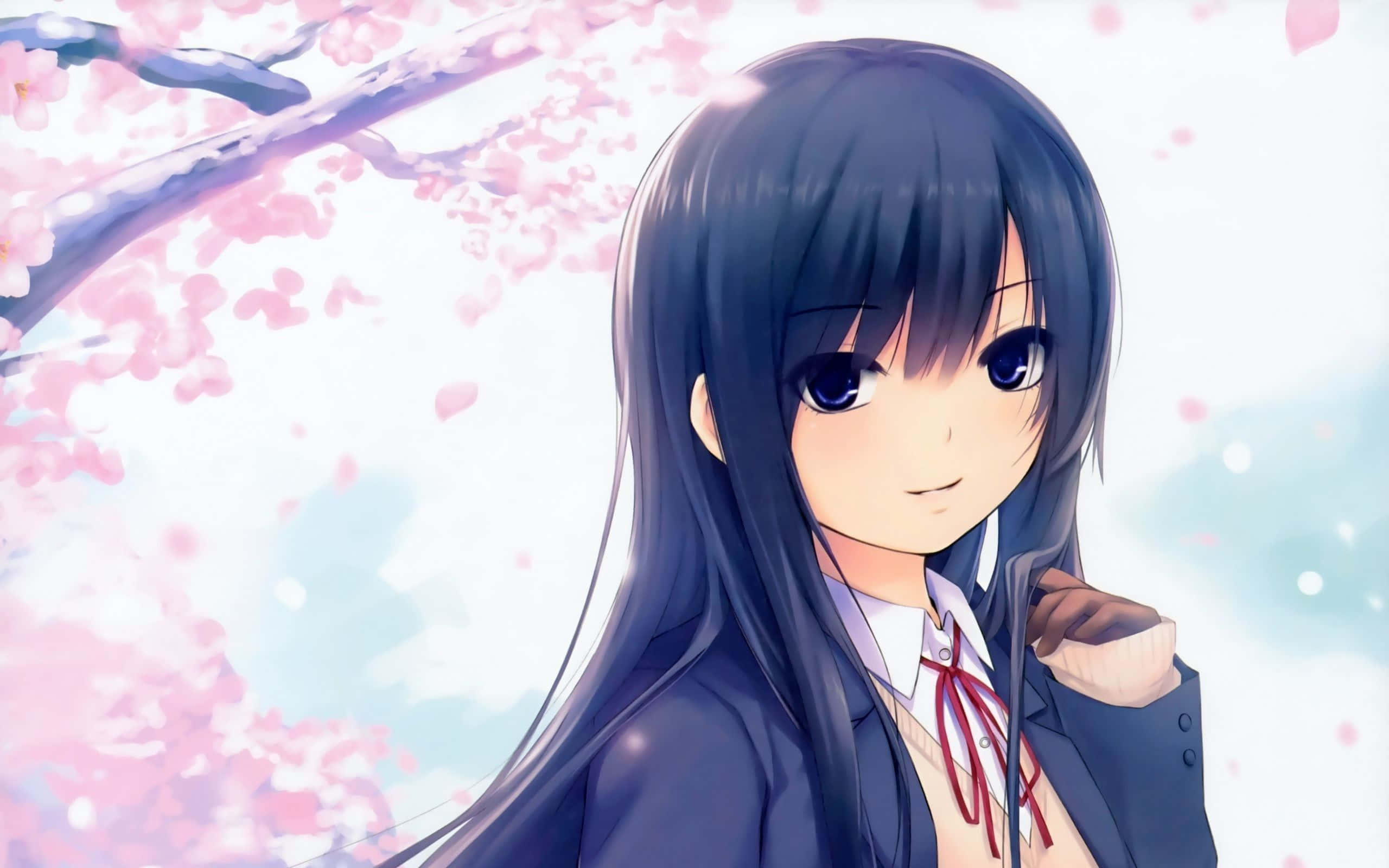 anime cartoon schoolgirl, sakura tree, long dark hair, 2K Desktop Wallpaper