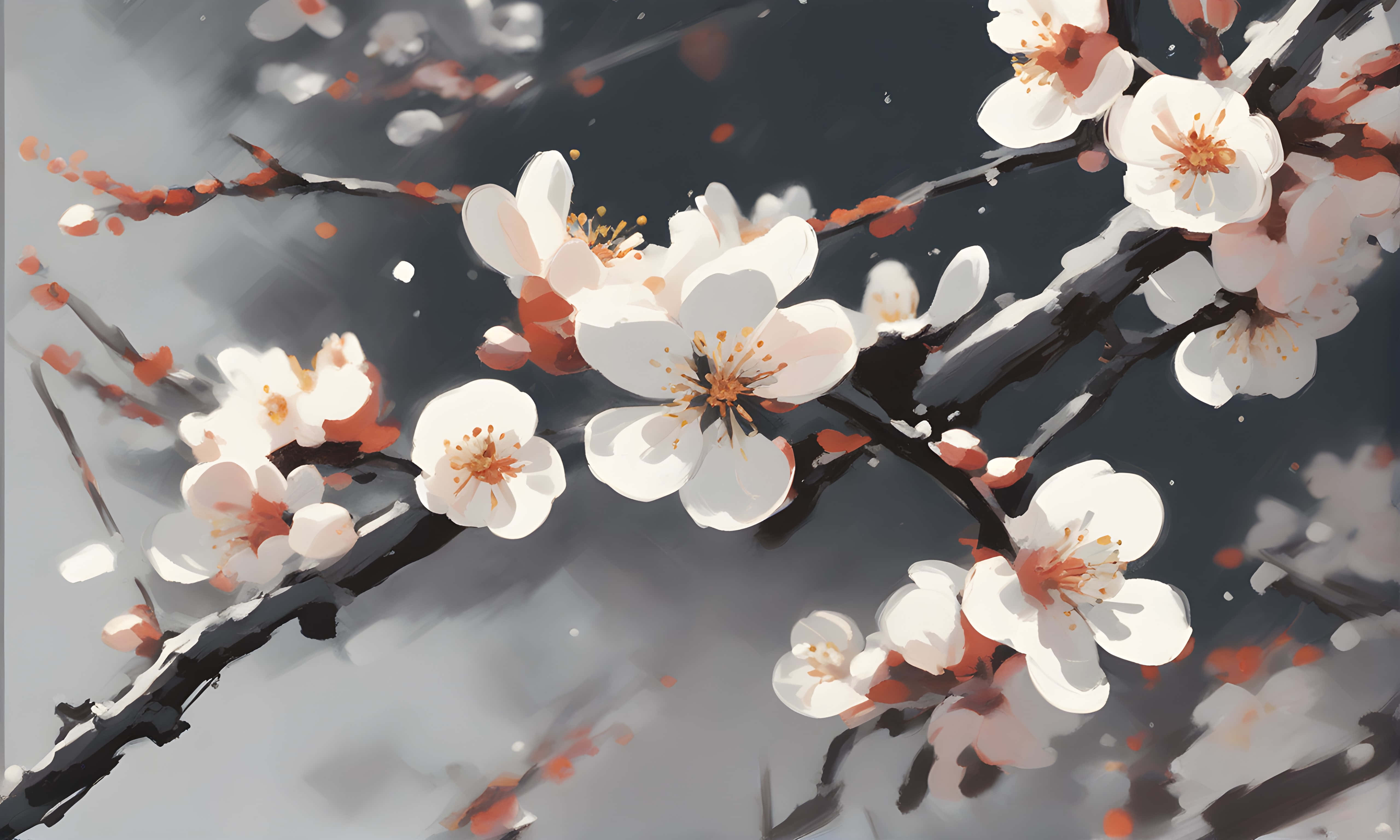ethereal sakura blossoms, white cherry blossoms, orange centers, 5K Desktop Wallpaper