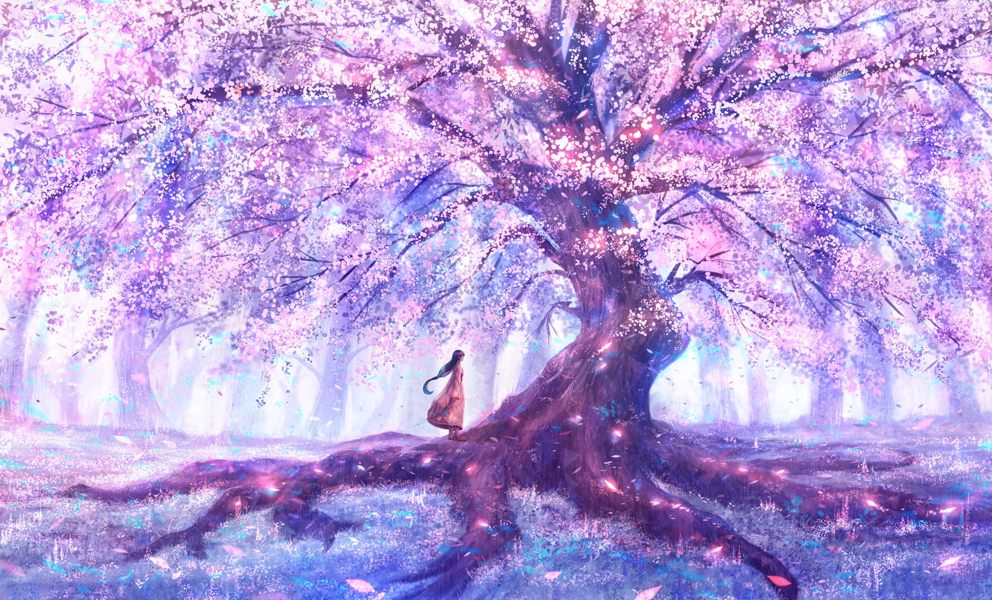 enchanted sakura forest, massive blossoming cherry tree, purple and pink light, Full HD Desktop Wallpaper