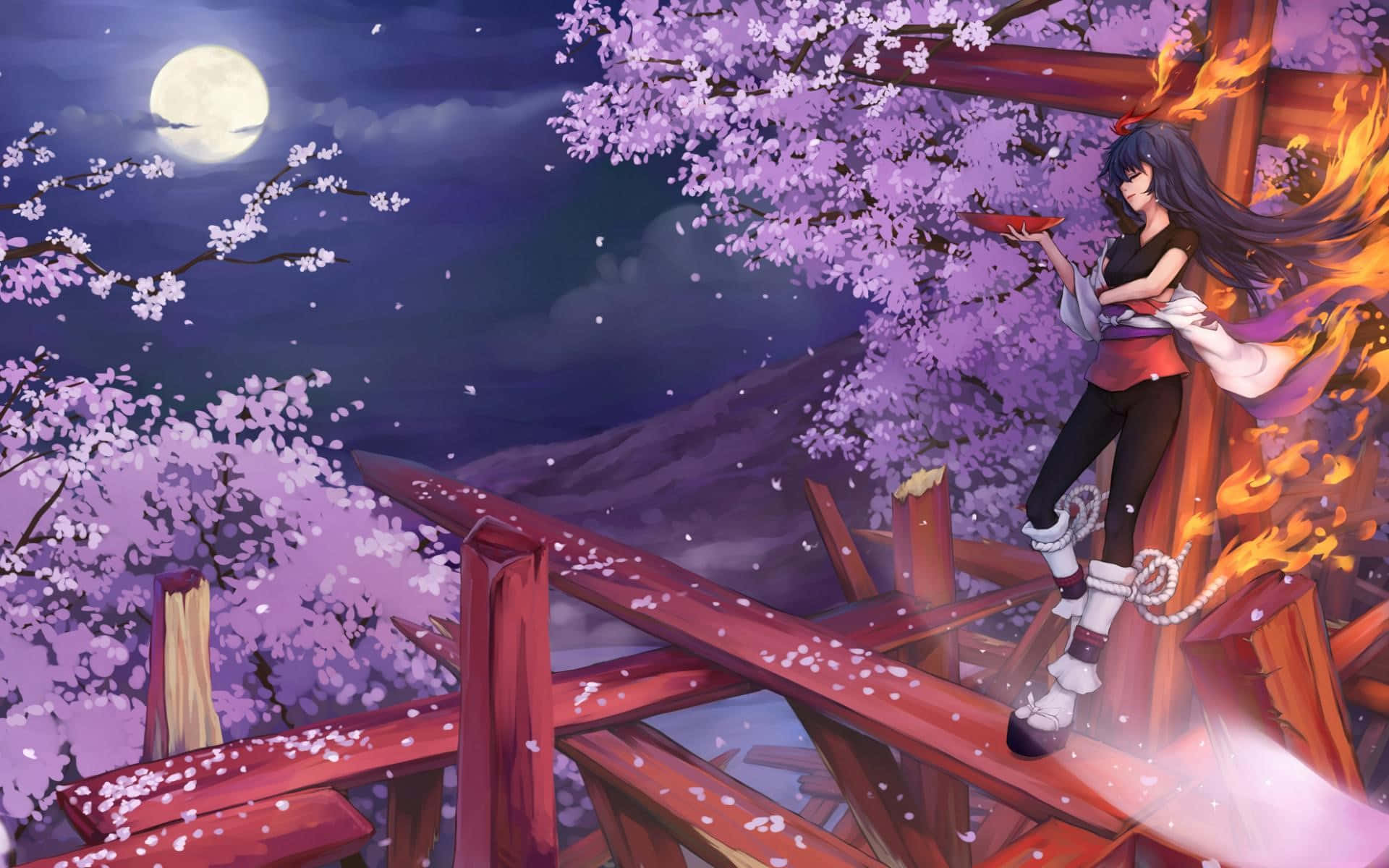 moonlit sakuraand fire mage, anime girl, flames at her feet, Full HD Desktop Wallpaper