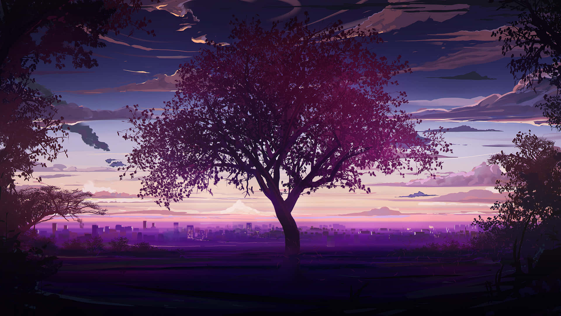 Sakura sunset silhouette, purple leaves, twilight sky, Full HD Desktop Wallpaper