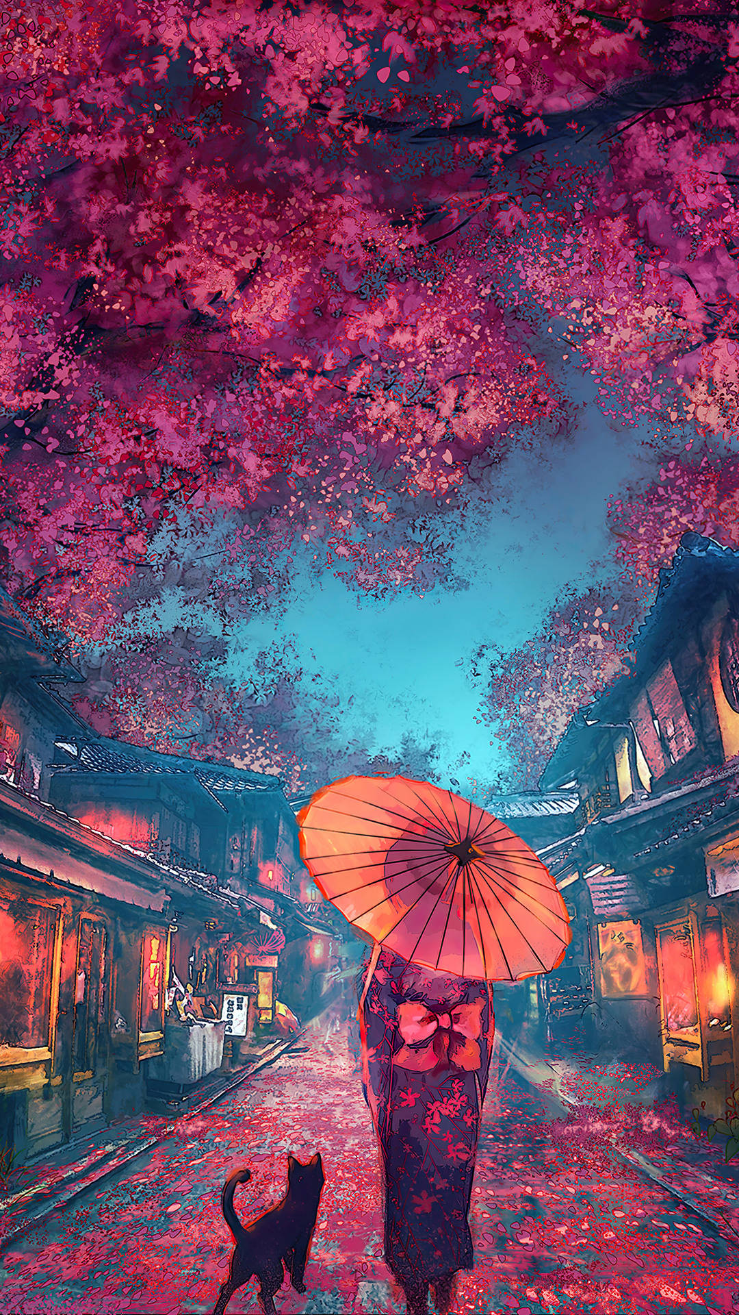 Japanese aesthetic, iPhone, lined sakura trees, Full HD Phone Wallpaper