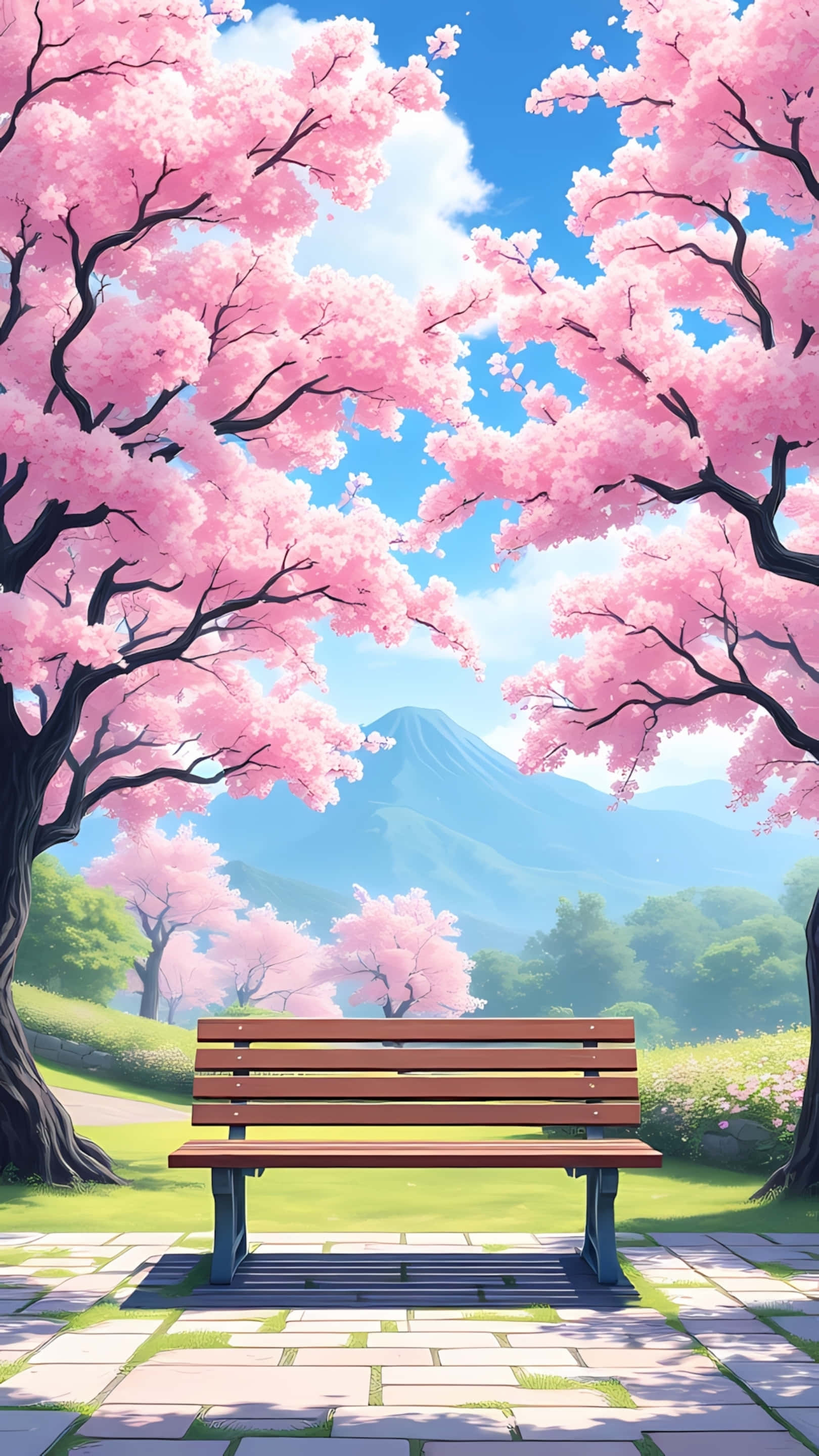 cherry blossoms, mountain view, wooden bench, 2K Phone Wallpaper