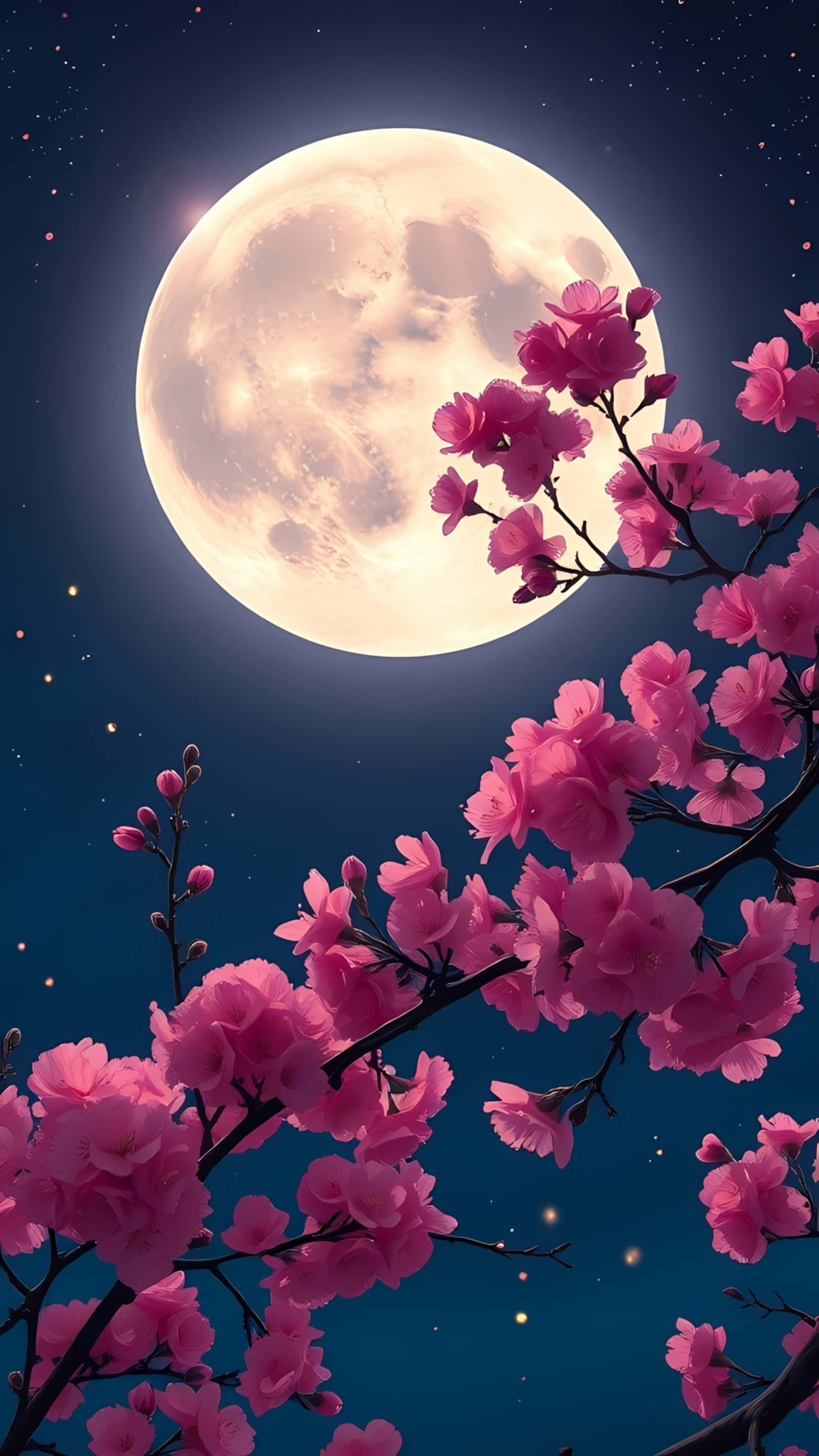 full moon, pink cherry blossoms, deep blue night sky, 2K Phone Wallpaper