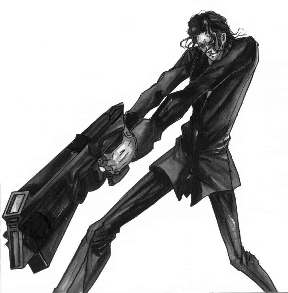 Sakuya Togane, long coat, large futuristic gun, SD Phone Wallpaper