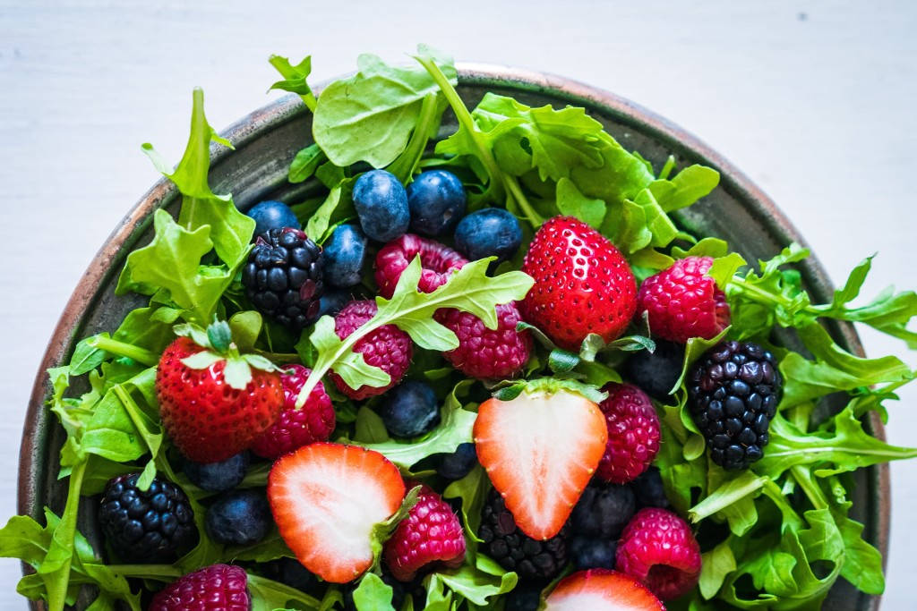 arugula leaves, strawberries, raspberries, SD Desktop Wallpaper