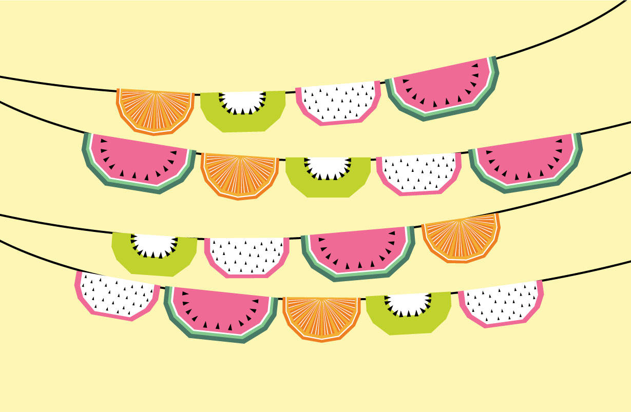 fruit salad wedges, vibrant illustrated fruit slices, soft yellow background, SD Desktop Wallpaper