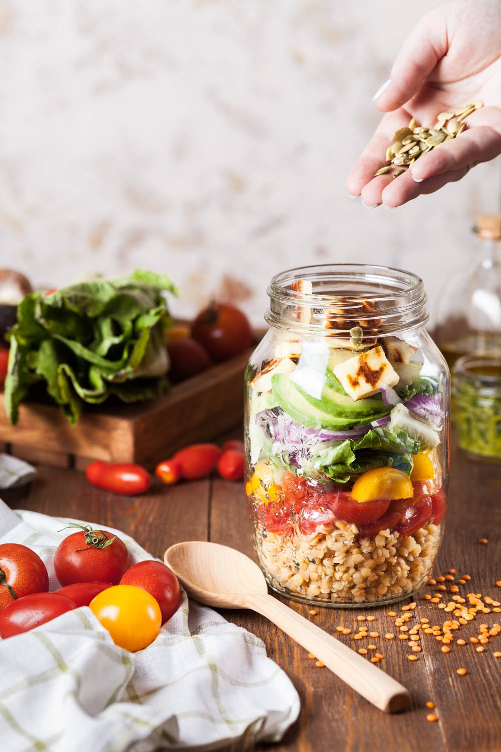 salad in a jar, pumpkin seeds, lentils, HD Phone Wallpaper
