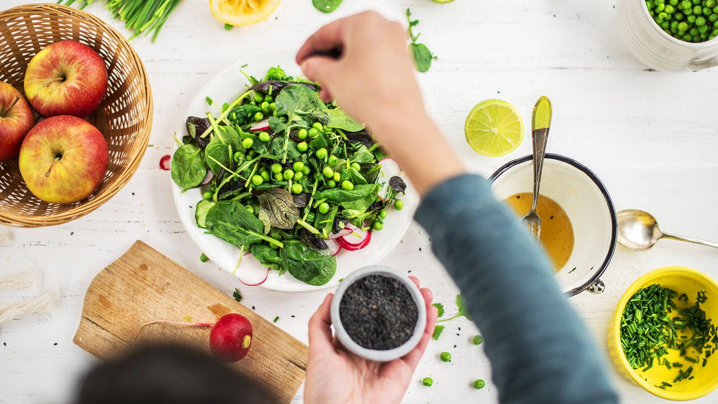 leafy green salad, black seeds, peas, HD Desktop Wallpaper