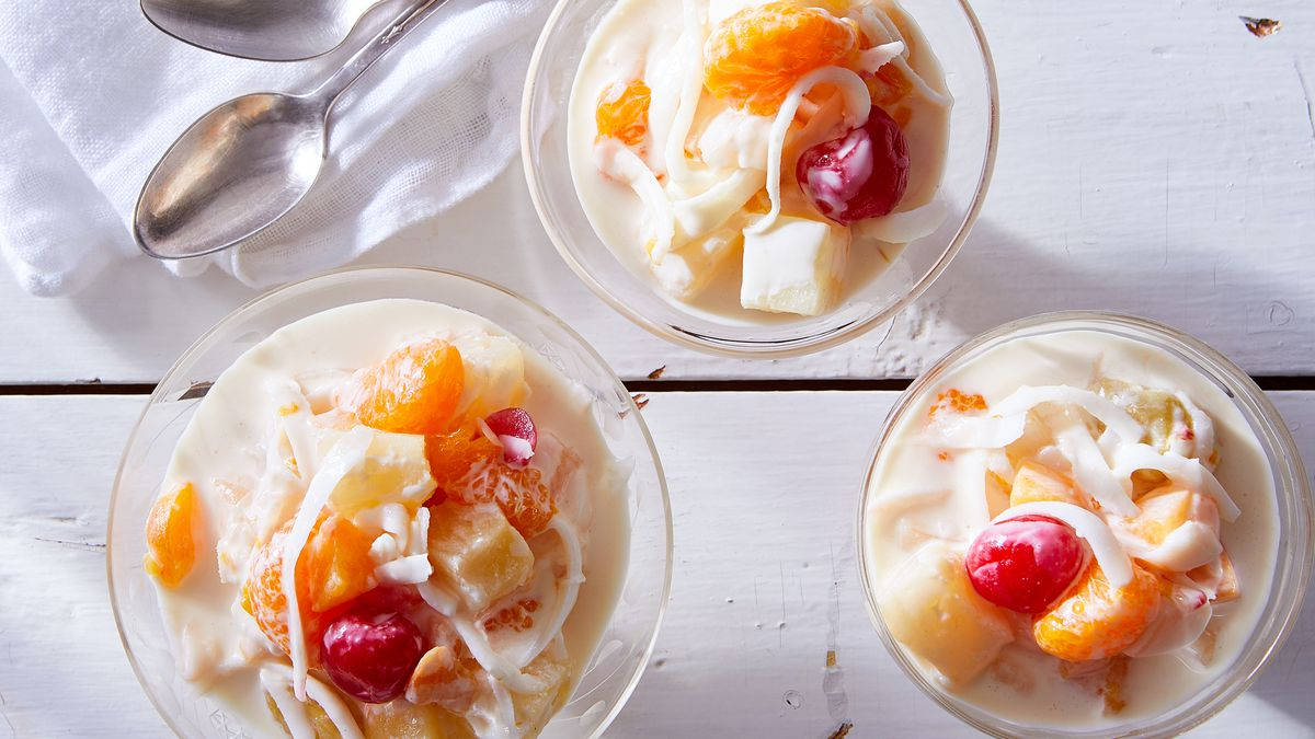 creamy fruit salad, mandarin segments, cherries, SD Desktop Wallpaper