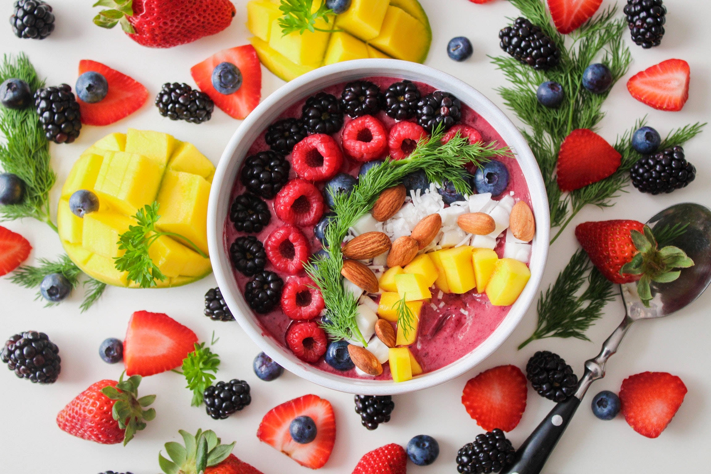 pink smoothie bowl, raspberries, blackberries, Full HD Desktop Wallpaper