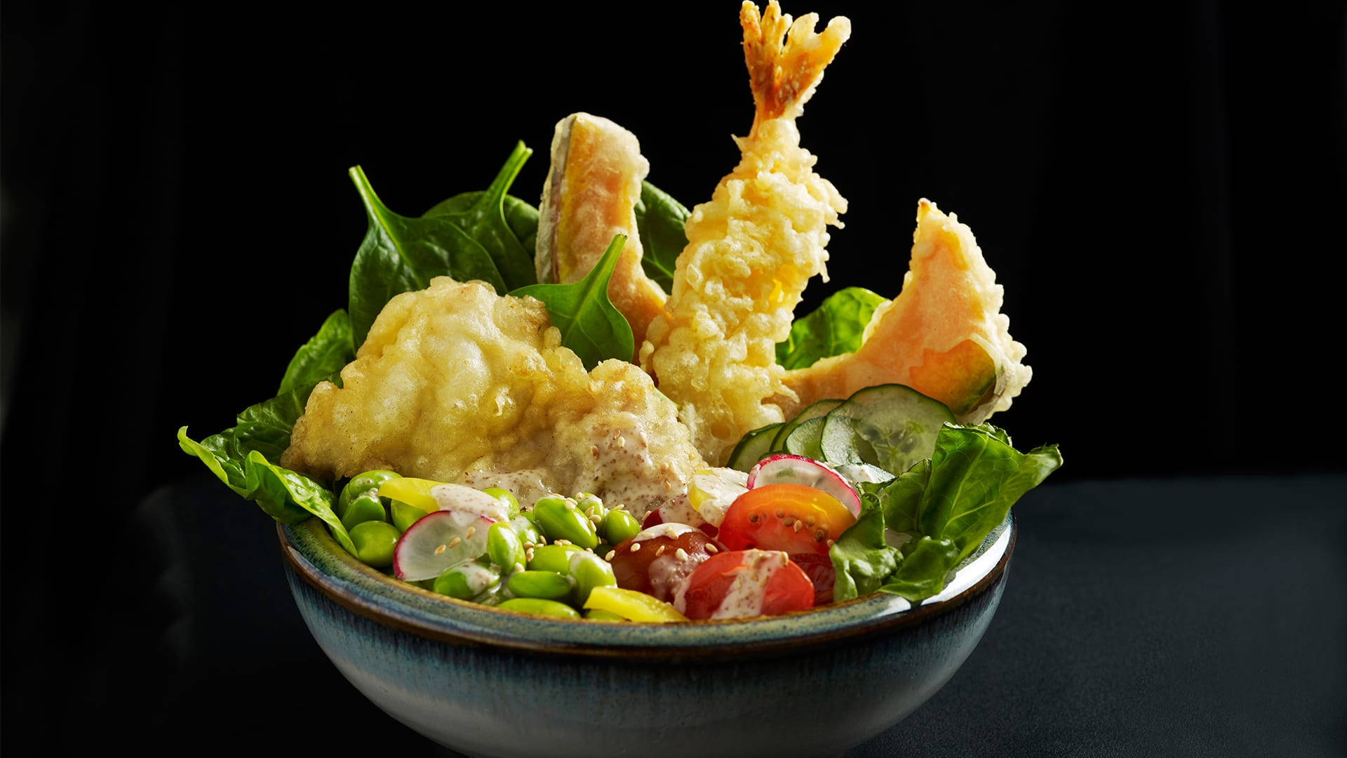 tempura vegetable salad, golden shrimp, vegetables, Full HD Desktop Wallpaper