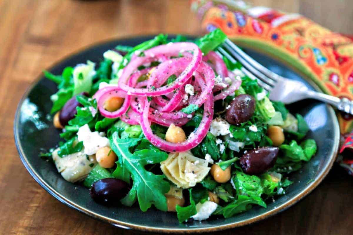 Mediterranean Arugula Salad, red onions, pink pickled onions, SD Desktop Wallpaper