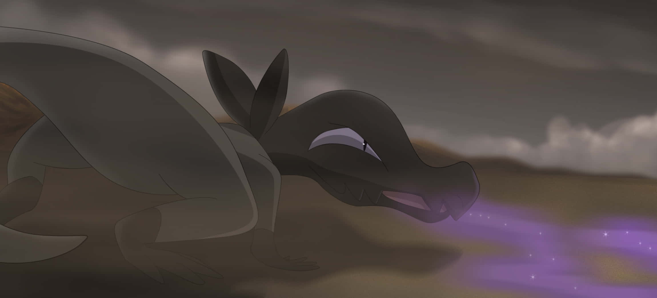 Salandit, glowing purple sparks, stormy gray sky, Full HD Desktop Wallpaper