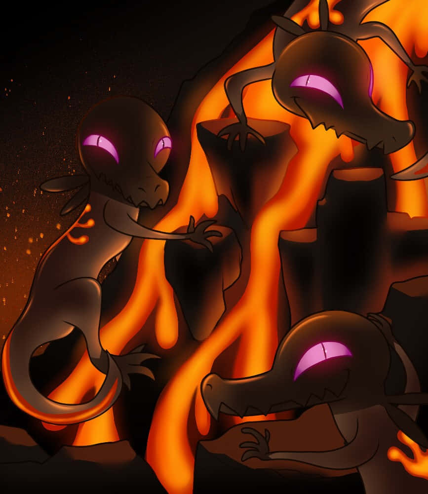 Salandit, lava, glowing purple eyes, SD Phone Wallpaper