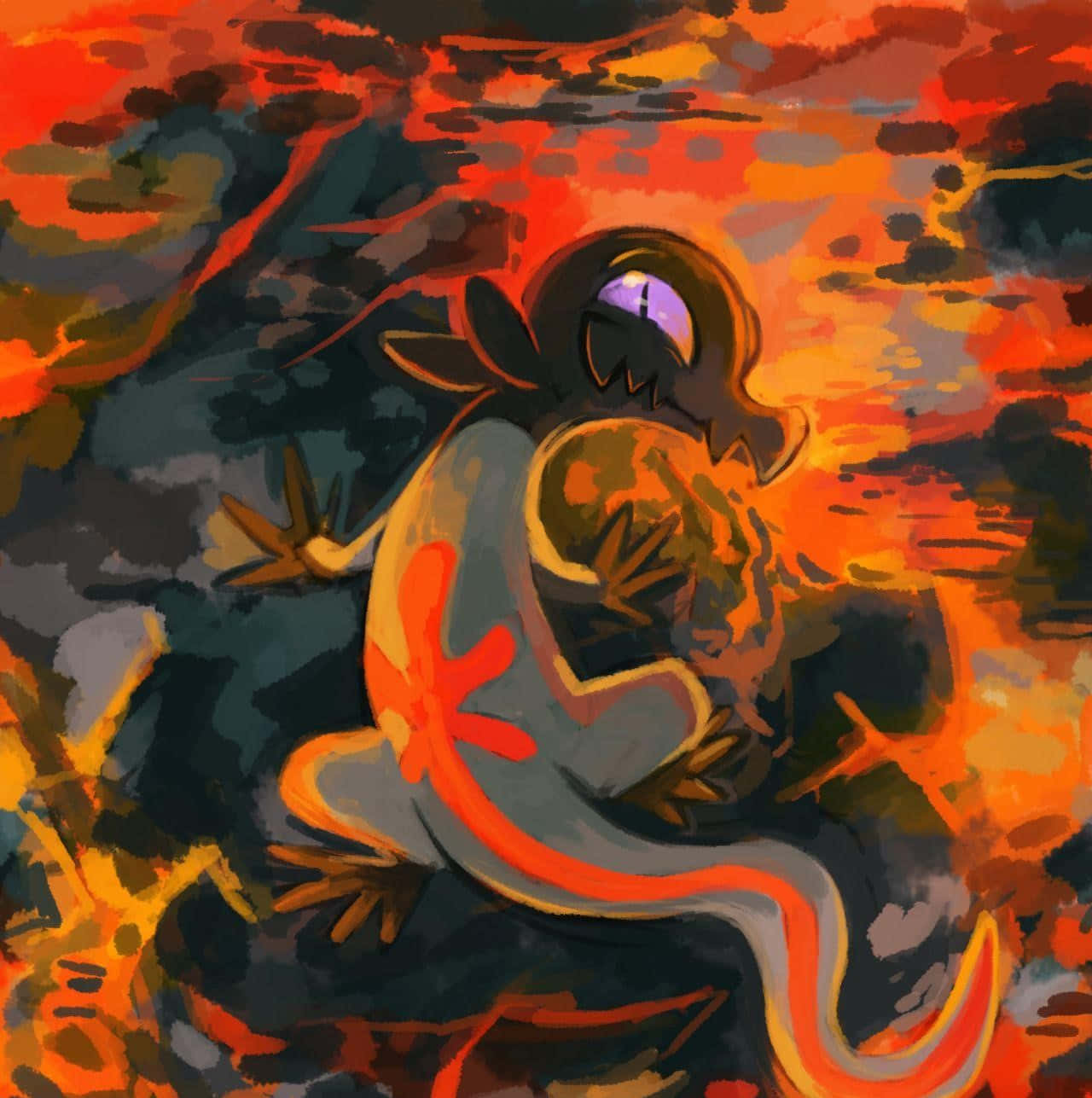 Salandit, glowing purple eyes, orange lava, HD Phone Wallpaper