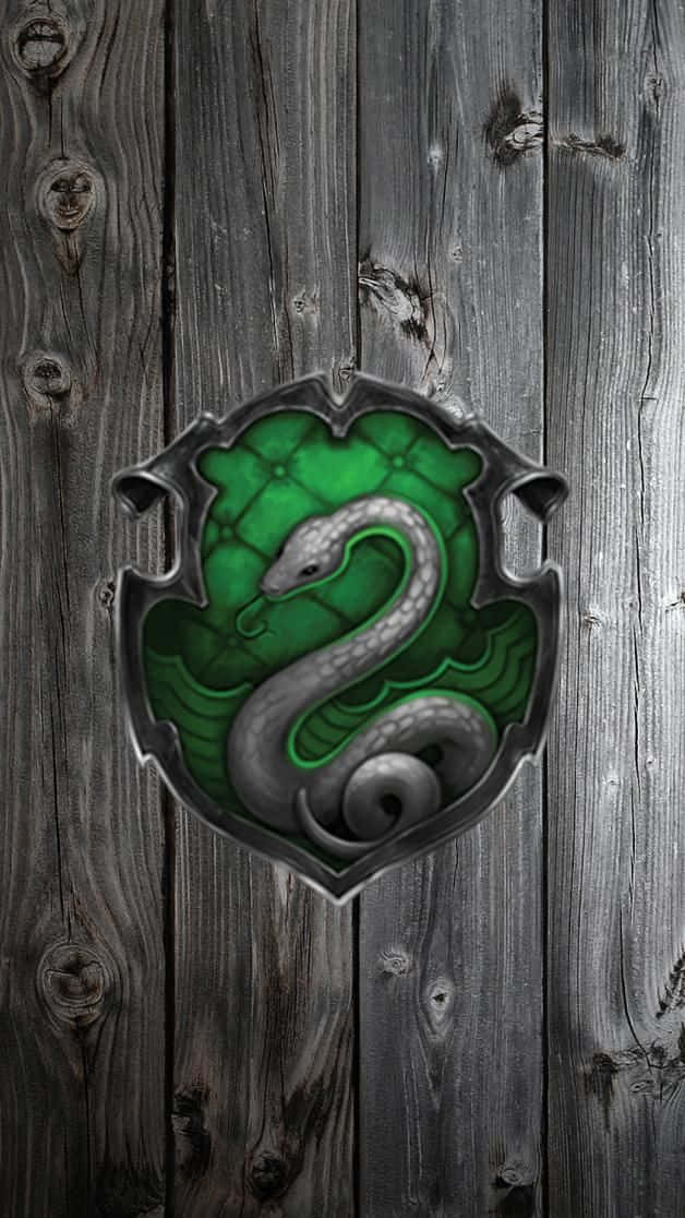 Slytherin, glowing green snake emblem, weathered gray wooden wall, SD Phone Wallpaper