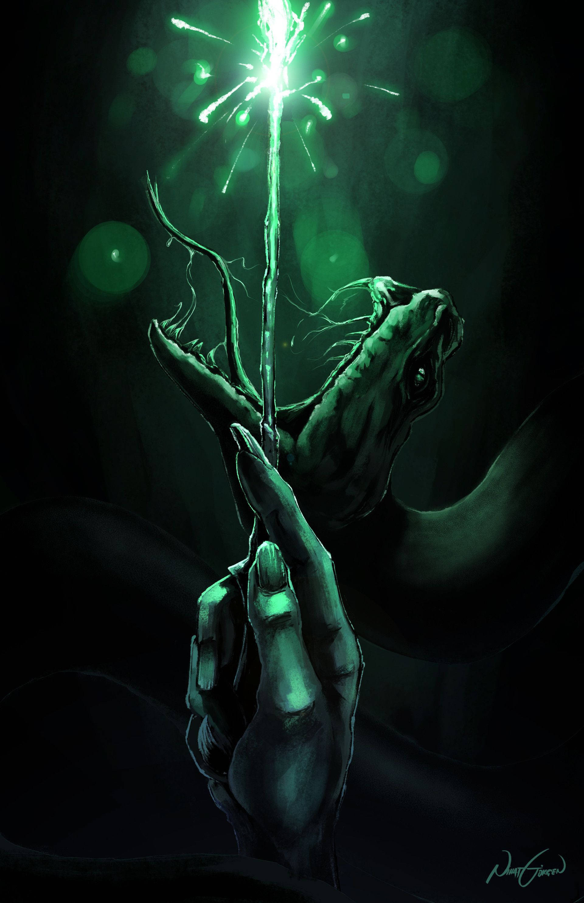Slytherin, glowing green sparkler, monstrous serpent head, 2K Phone Wallpaper
