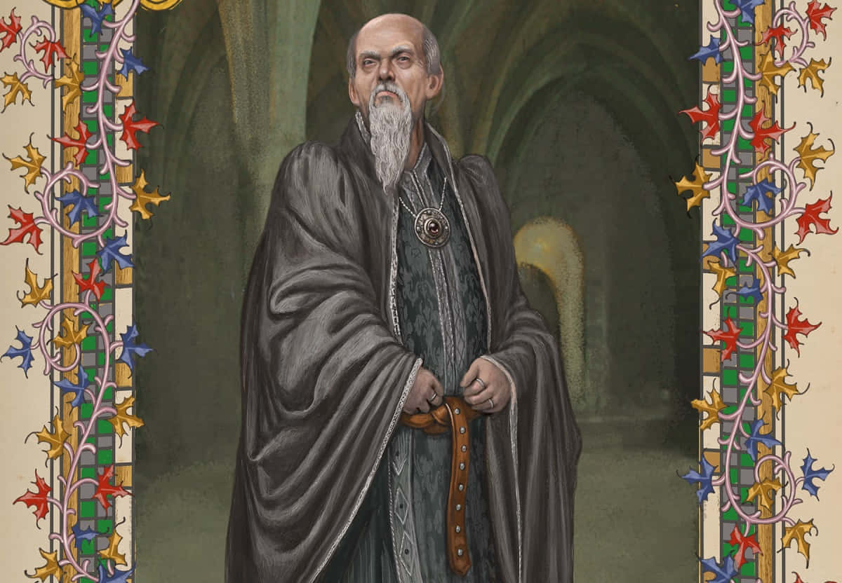 Salazar Slytherin, stained glass borders, red blue and gold leaves, SD Desktop Wallpaper