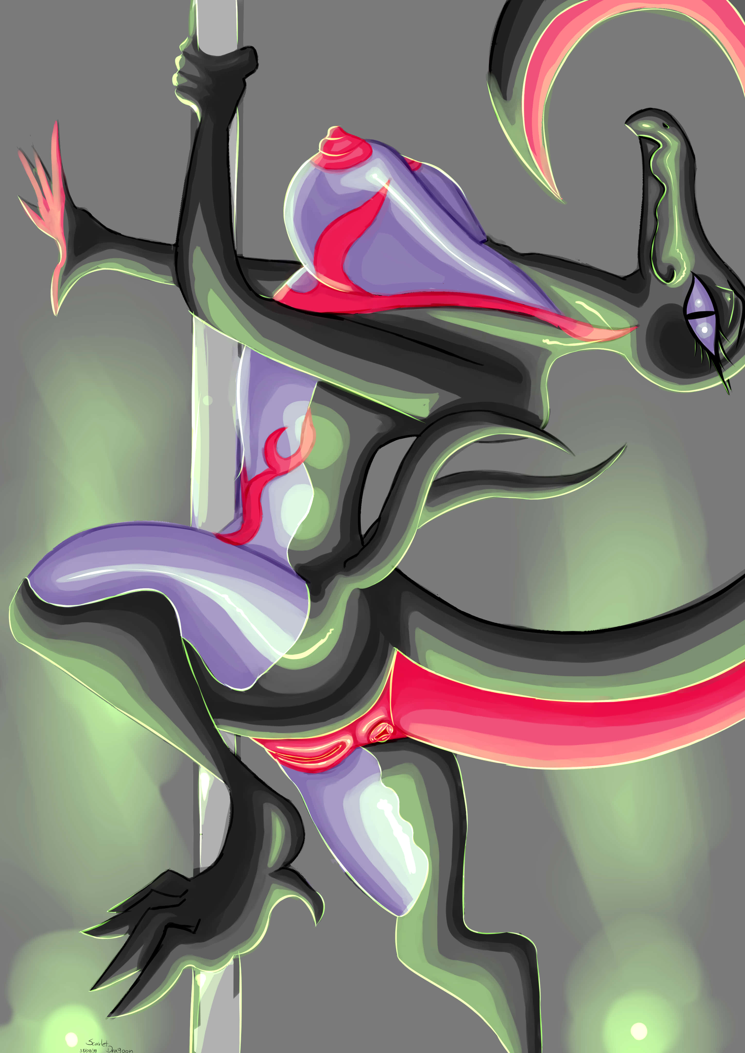 Salazzle, black lizard, glowing green and purple limbs, 4K Phone Wallpaper