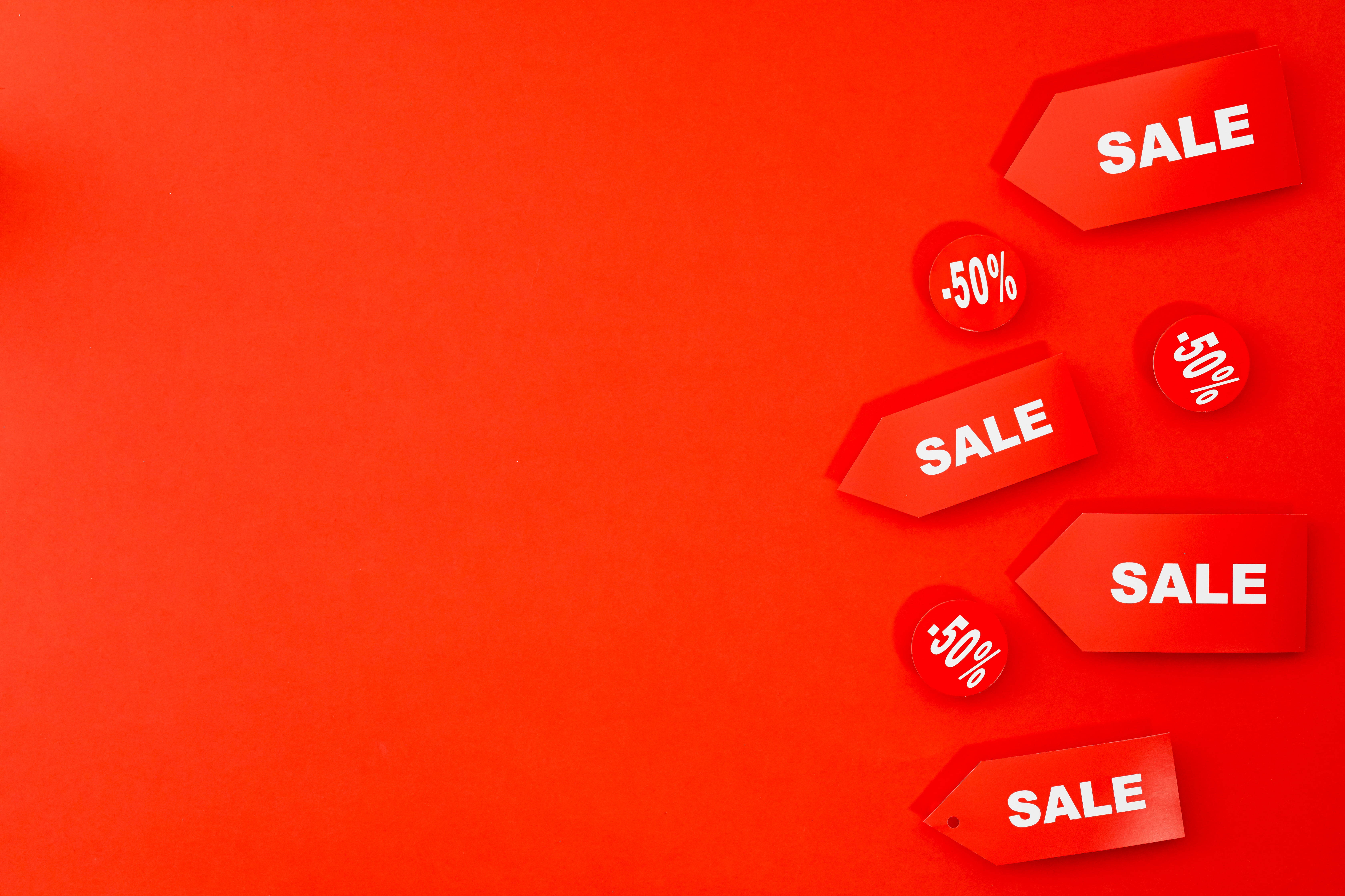 red tag sale, glossy sale tags, discount stickers, 5K Desktop Wallpaper