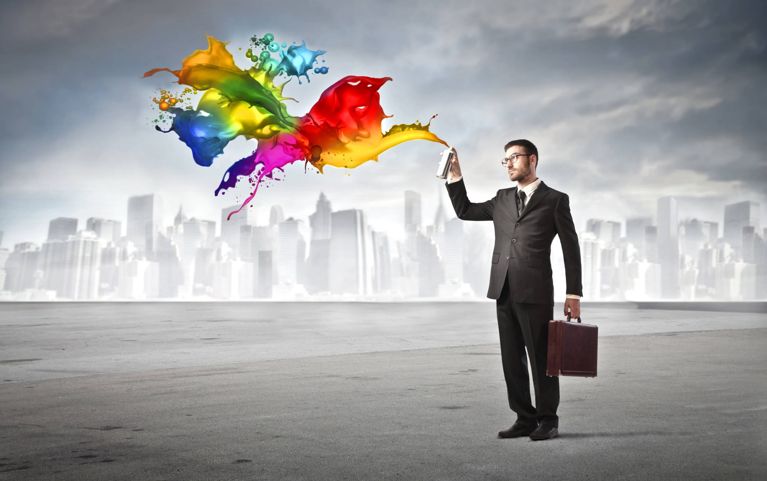 Entrepreneur Art, businessman in a suit, vibrant rainbow paint splashes, Full HD Desktop Wallpaper
